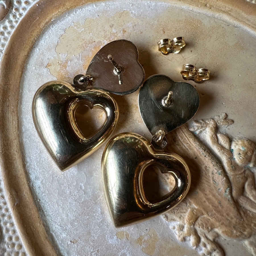 14k Gold Designer "Brev Unoaerre" Heart Drop Stud Earrings