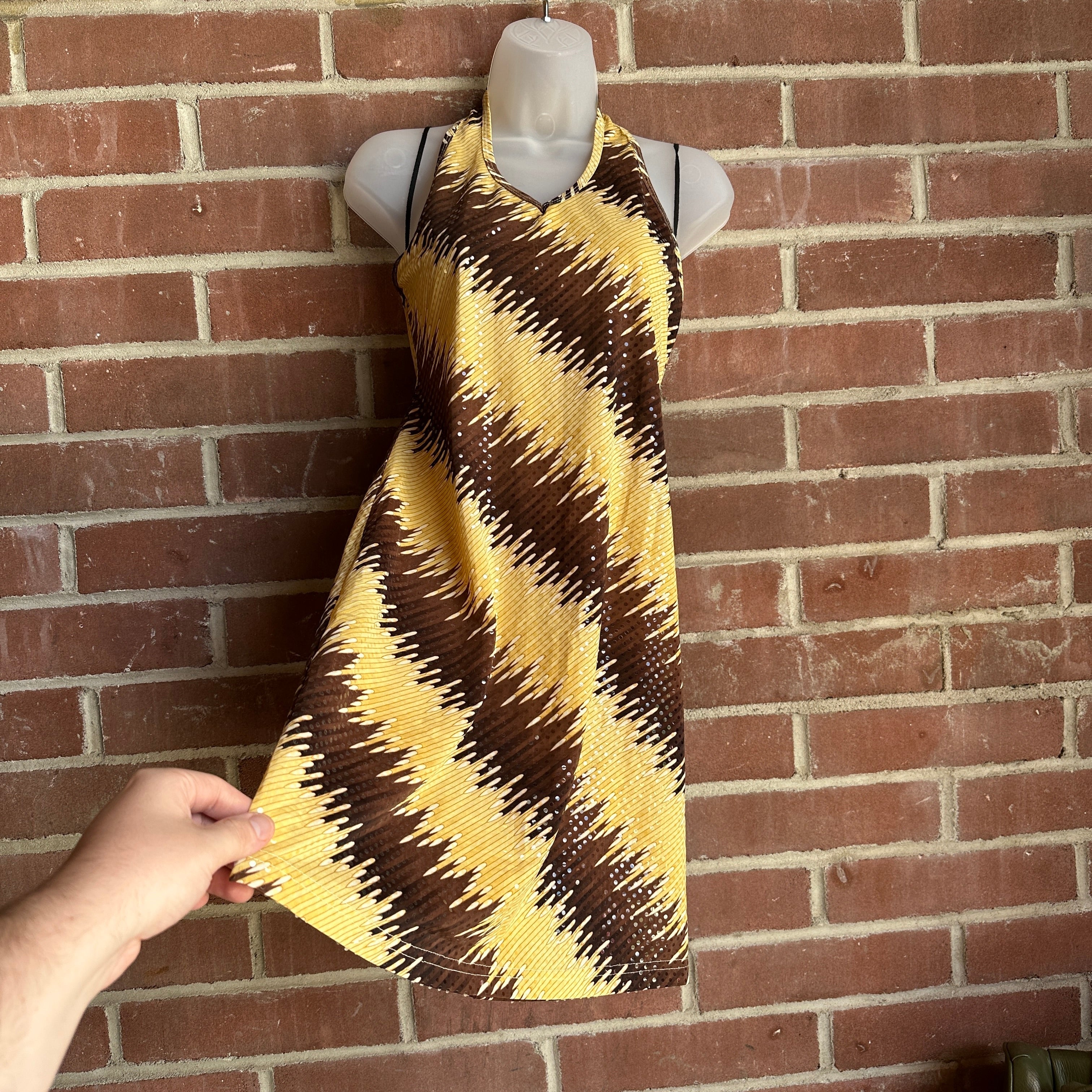 2000s Gold/Brown “Jamie Nicole Collection” Sequin-Dotted Halter Dress