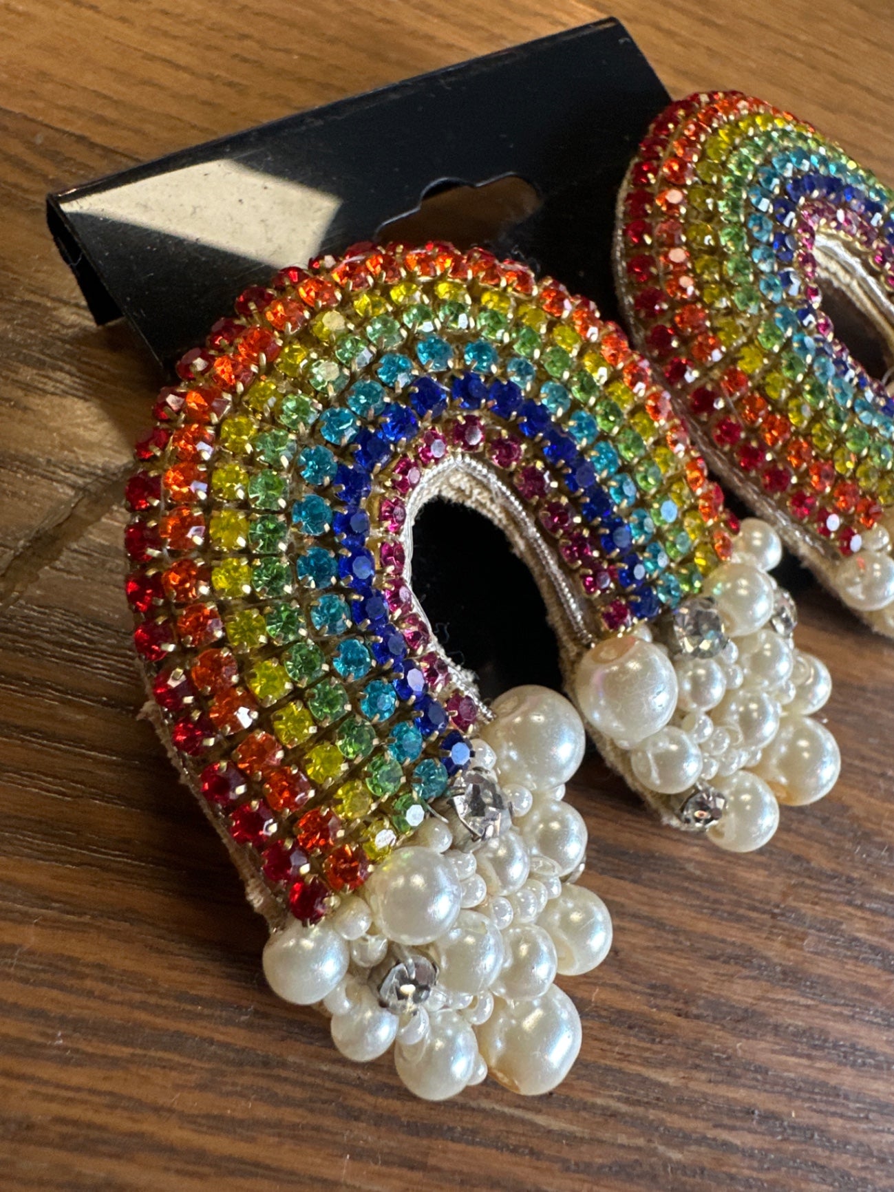 Hand-beaded leather backed rainbow earrings