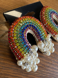Hand-beaded leather backed rainbow earrings