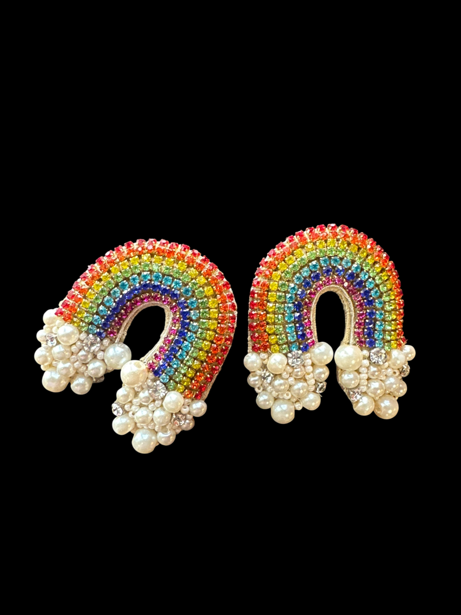 Hand-beaded leather backed rainbow earrings