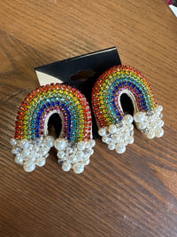 Hand-beaded leather backed rainbow earrings