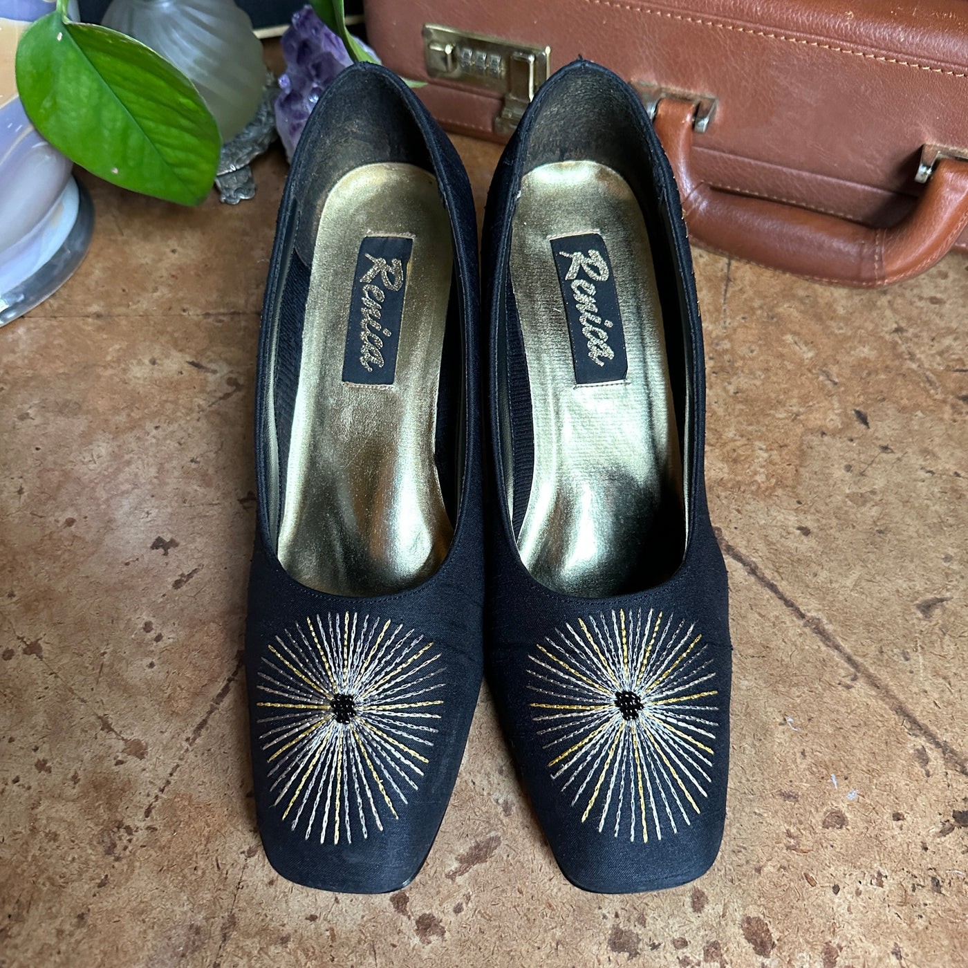 80s Black Satin Art Deco “Renica” Heels