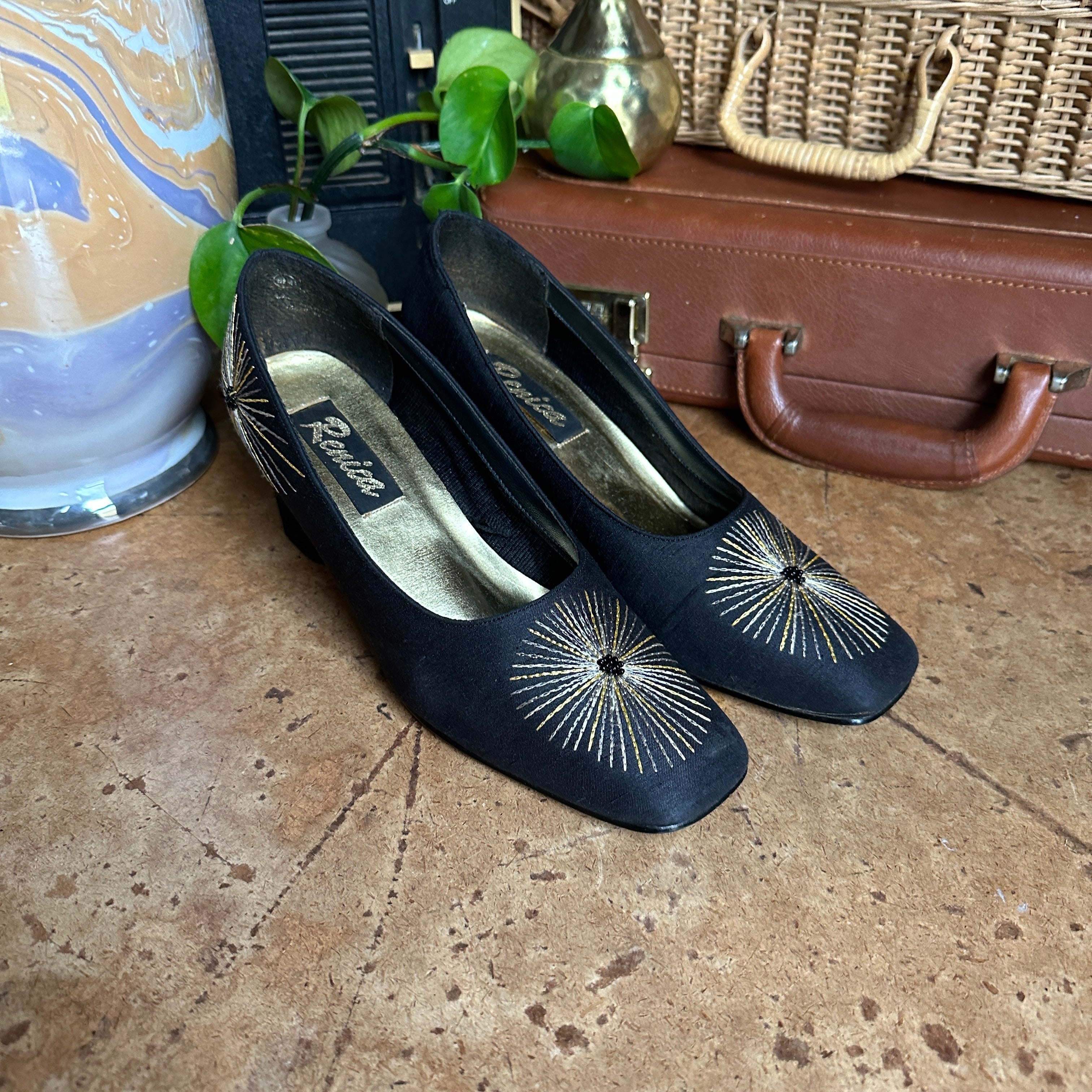 80s Black Satin Art Deco “Renica” Heels