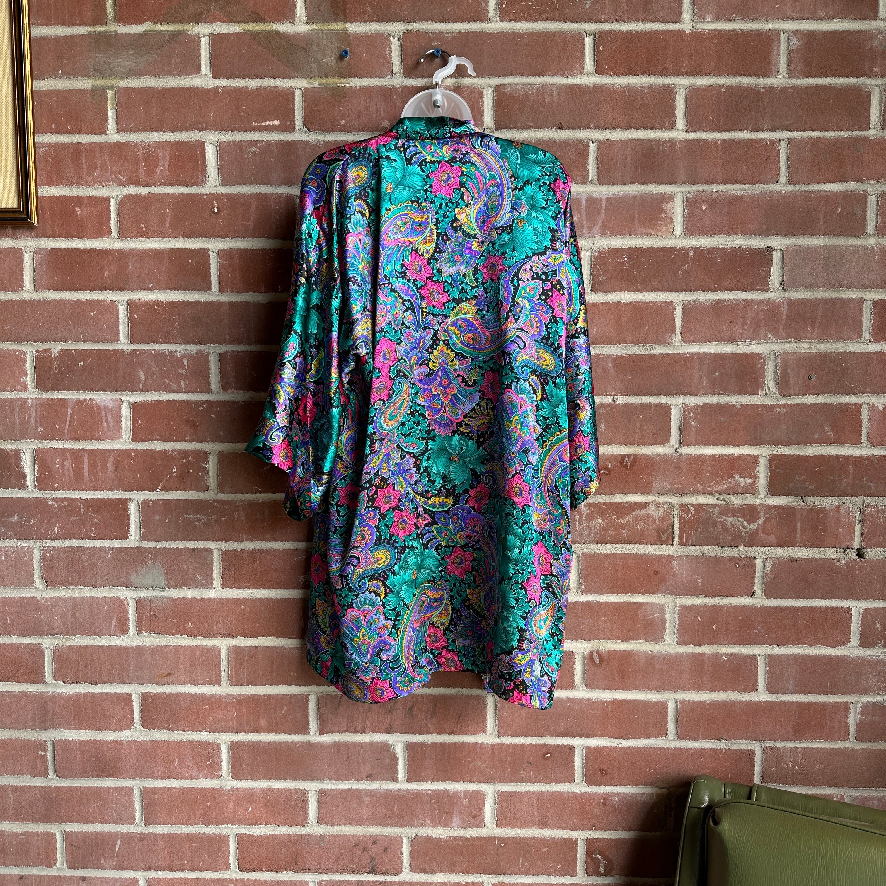 80s Teal Floral/Paisley “California Dynasty” Satin Robe