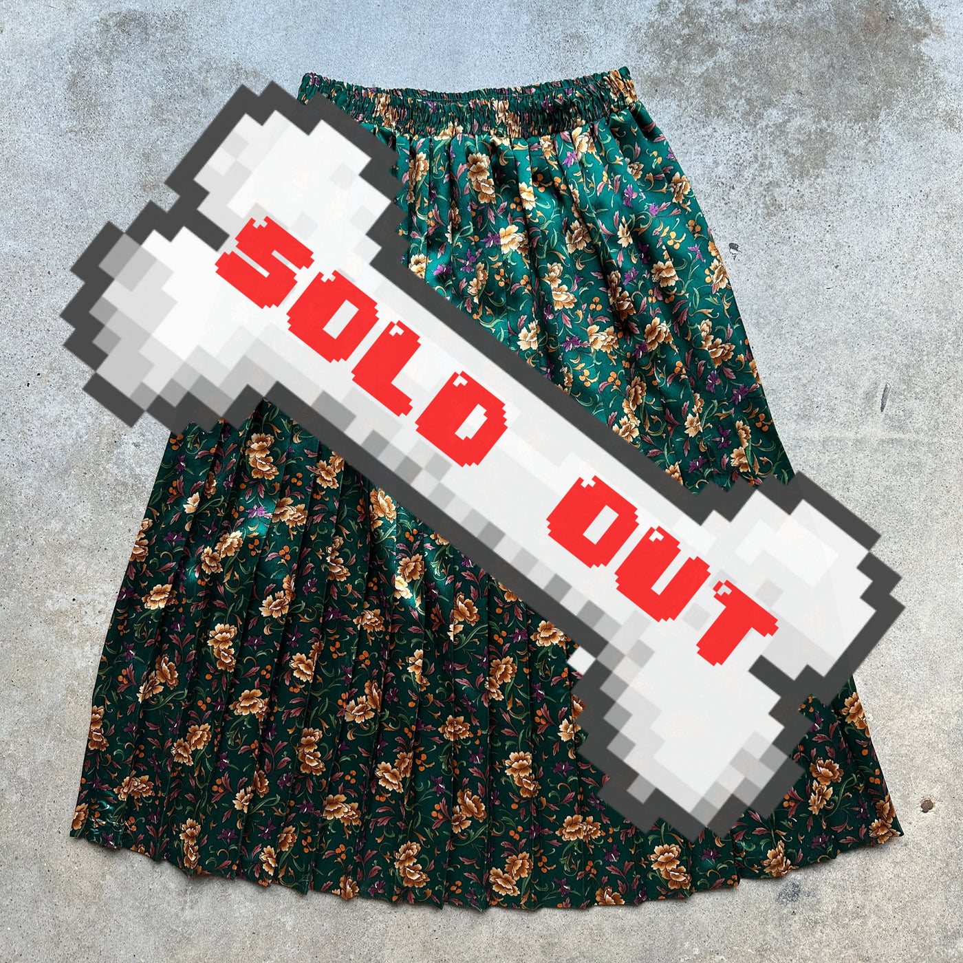 80s Vintage Green Floral Satin Midi-Length Pleated Skirt