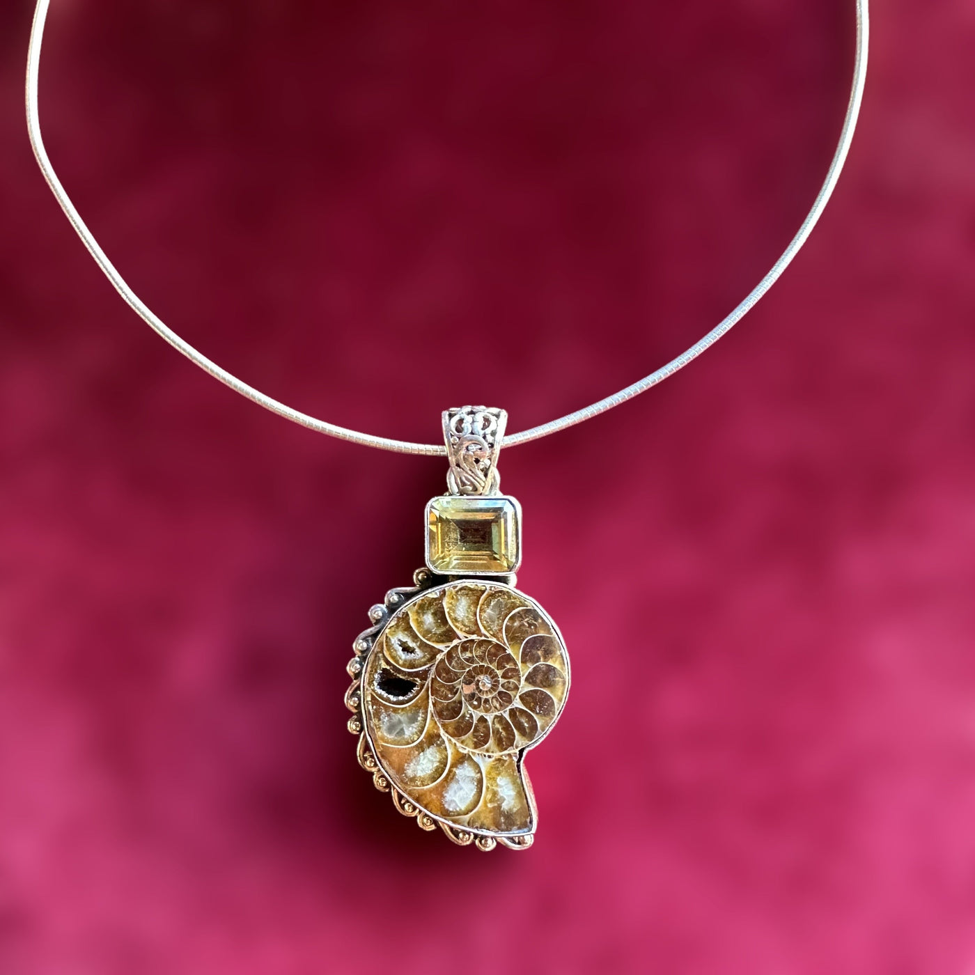 925 Ammonite Fossil with Citrine Stone Necklace