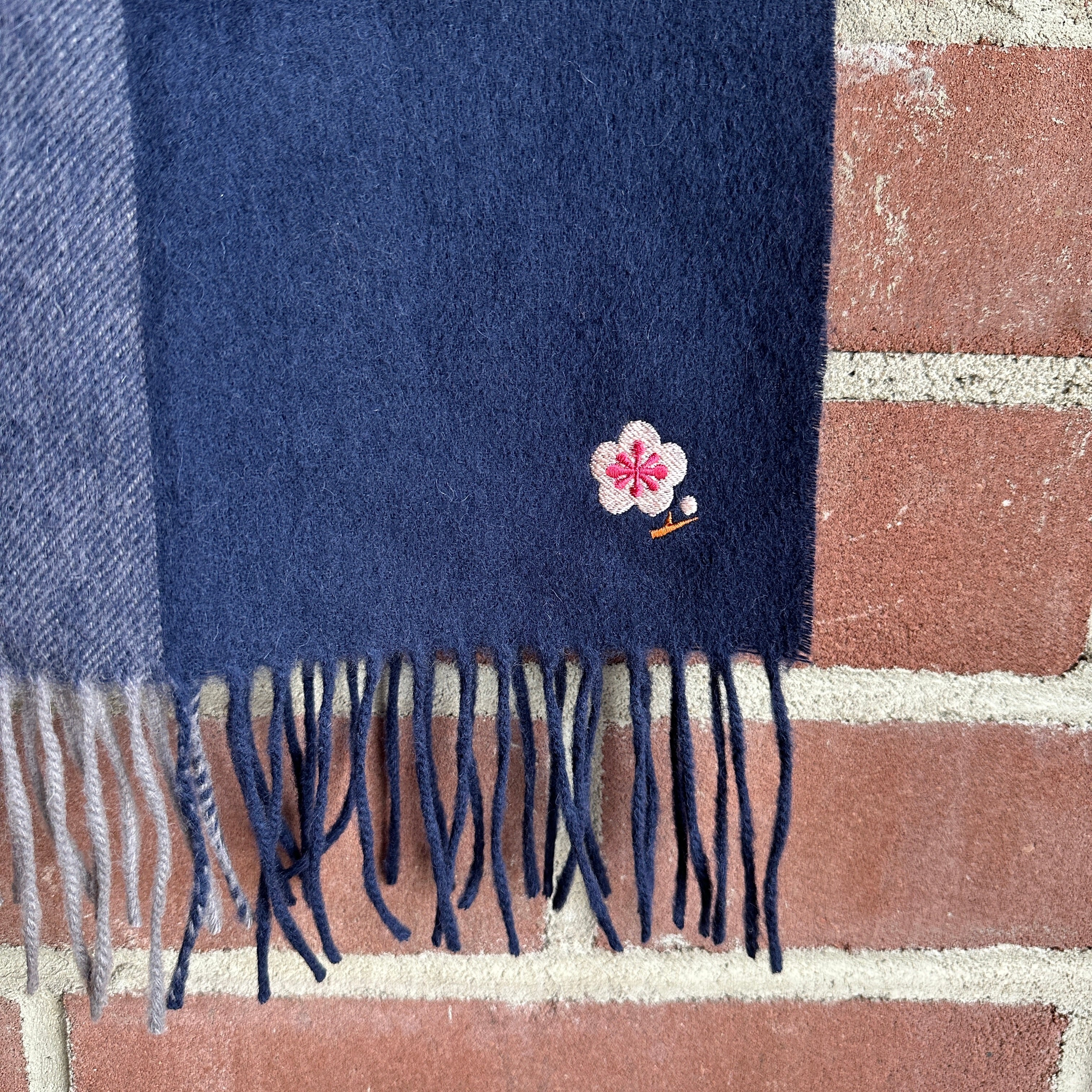 Blue Checkered Wool Scarf w/ Embroidered Cherry Blossom
