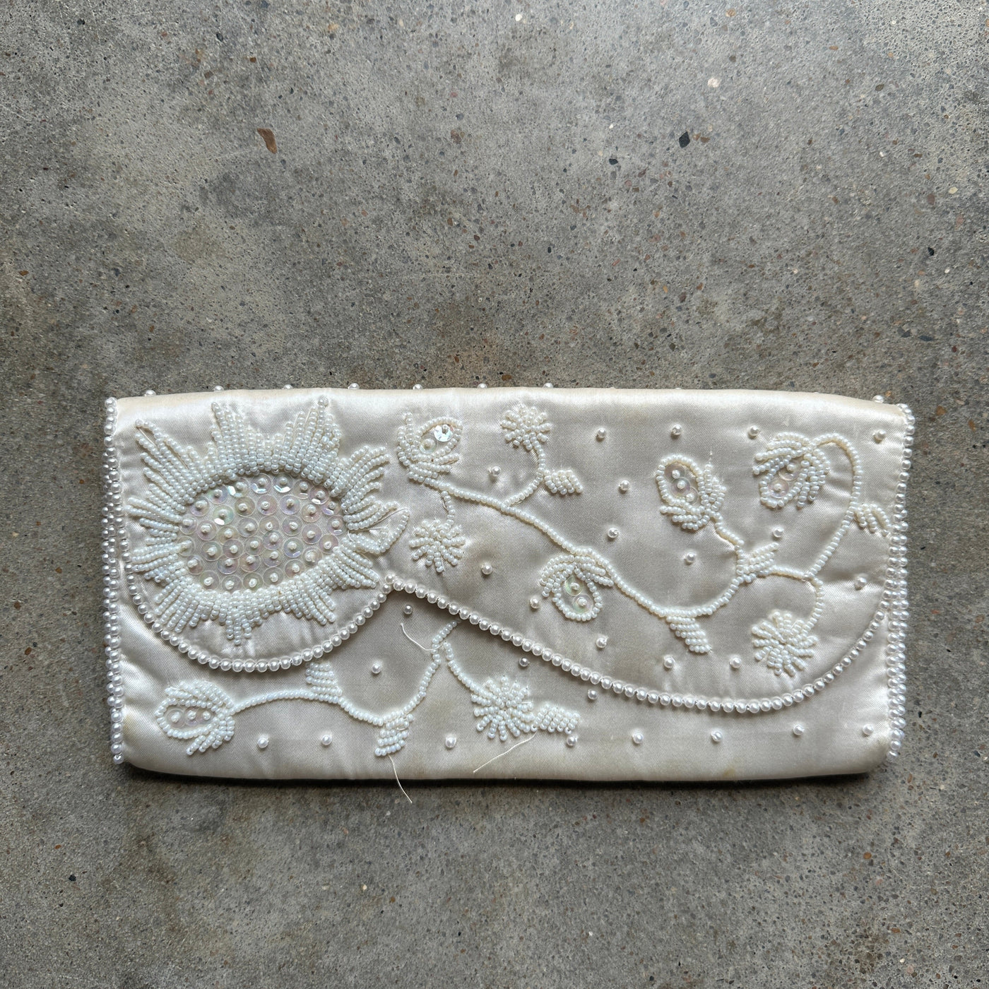 “Bon Soir” White beaded silk clutch