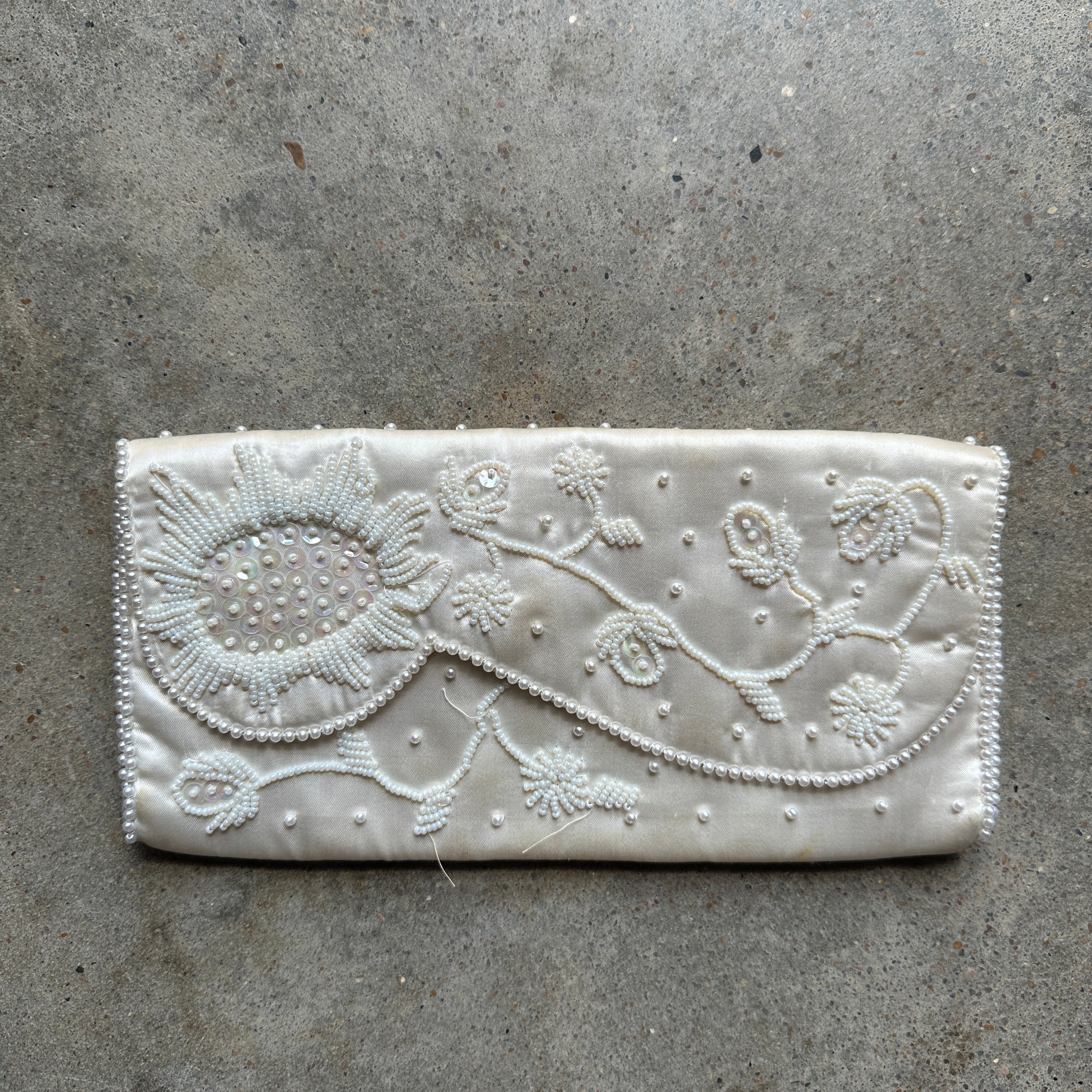 “Bon Soir” White beaded silk clutch