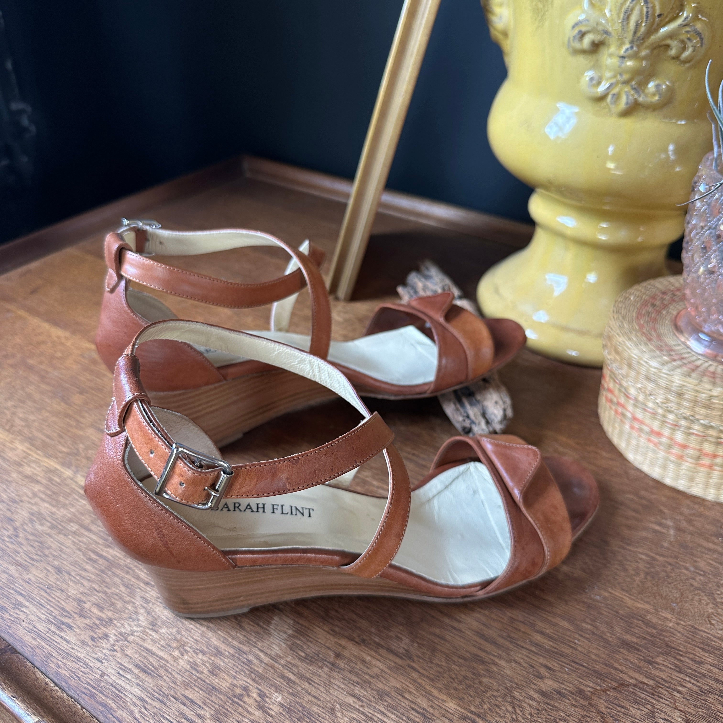 Brown/Tan Leather “Sarah Flint” Wedge Sandals