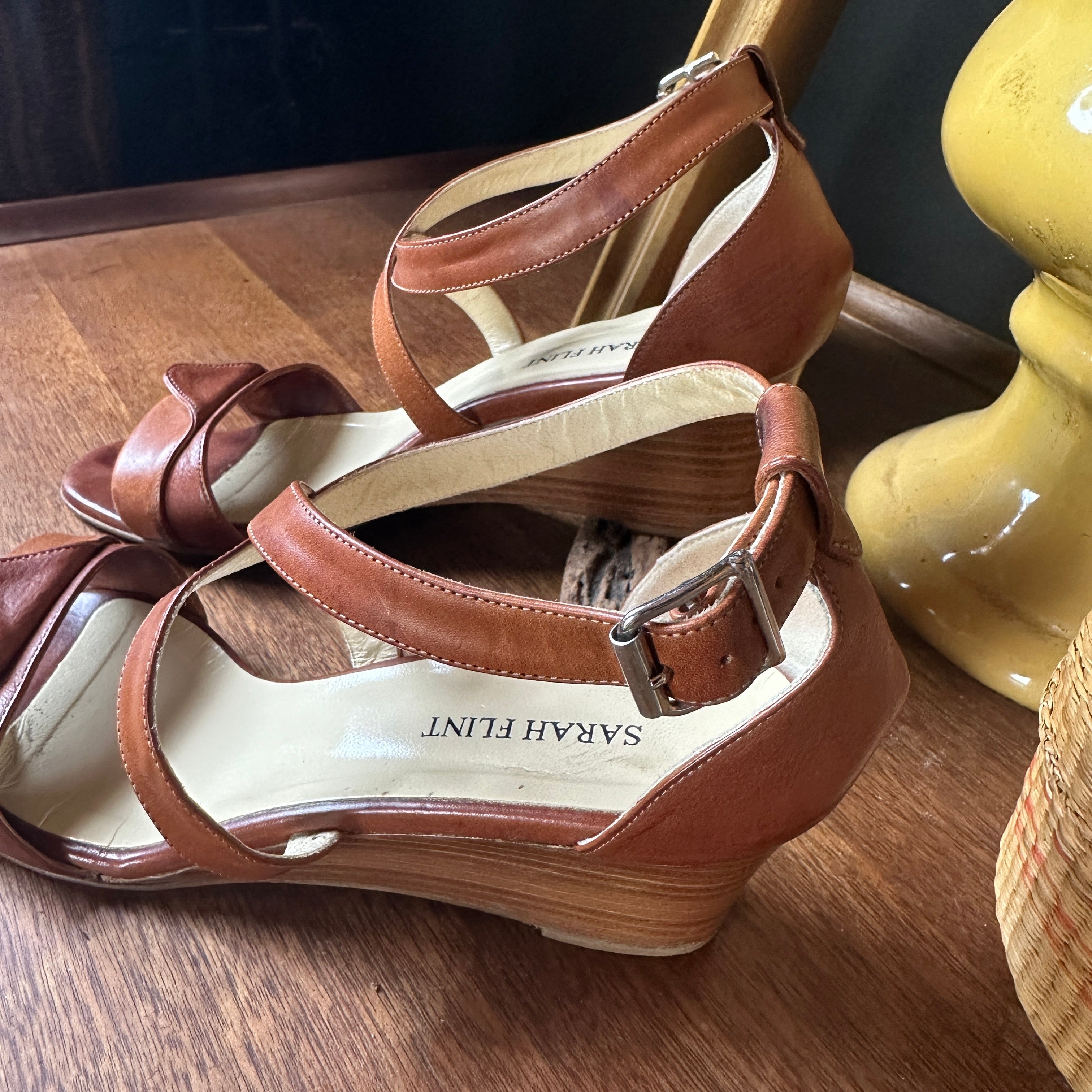 Brown/Tan Leather “Sarah Flint” Wedge Sandals