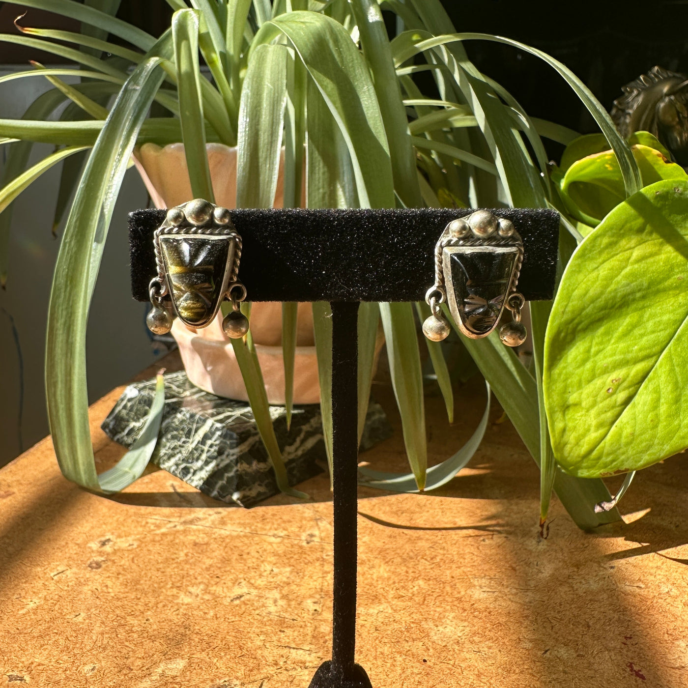 Hand-Carved Smoky Quartz and Sterling Silver Face Screw-Back Earrings