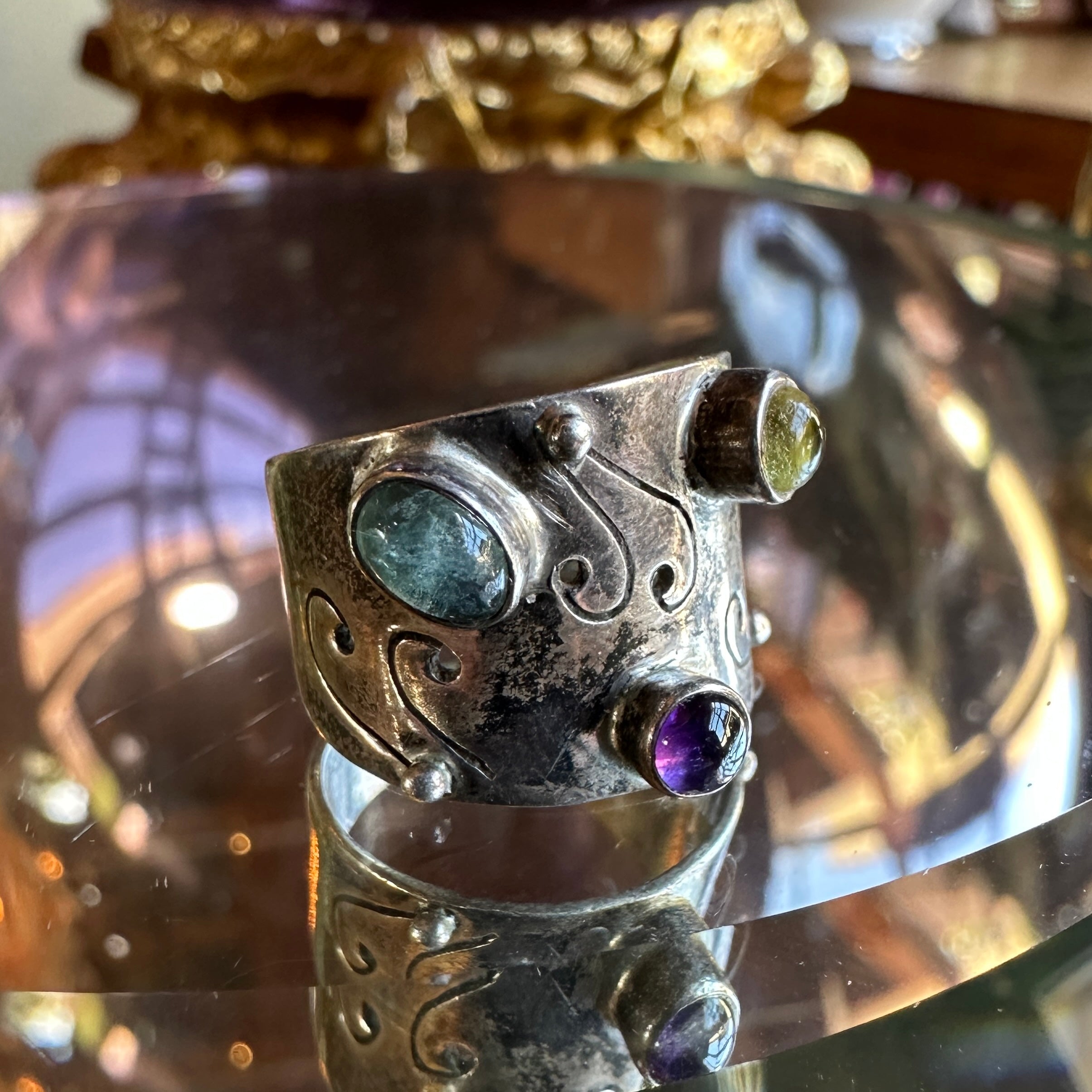 Hand-Engraved sterling silver ring with amethyst, citrine, and fluorite