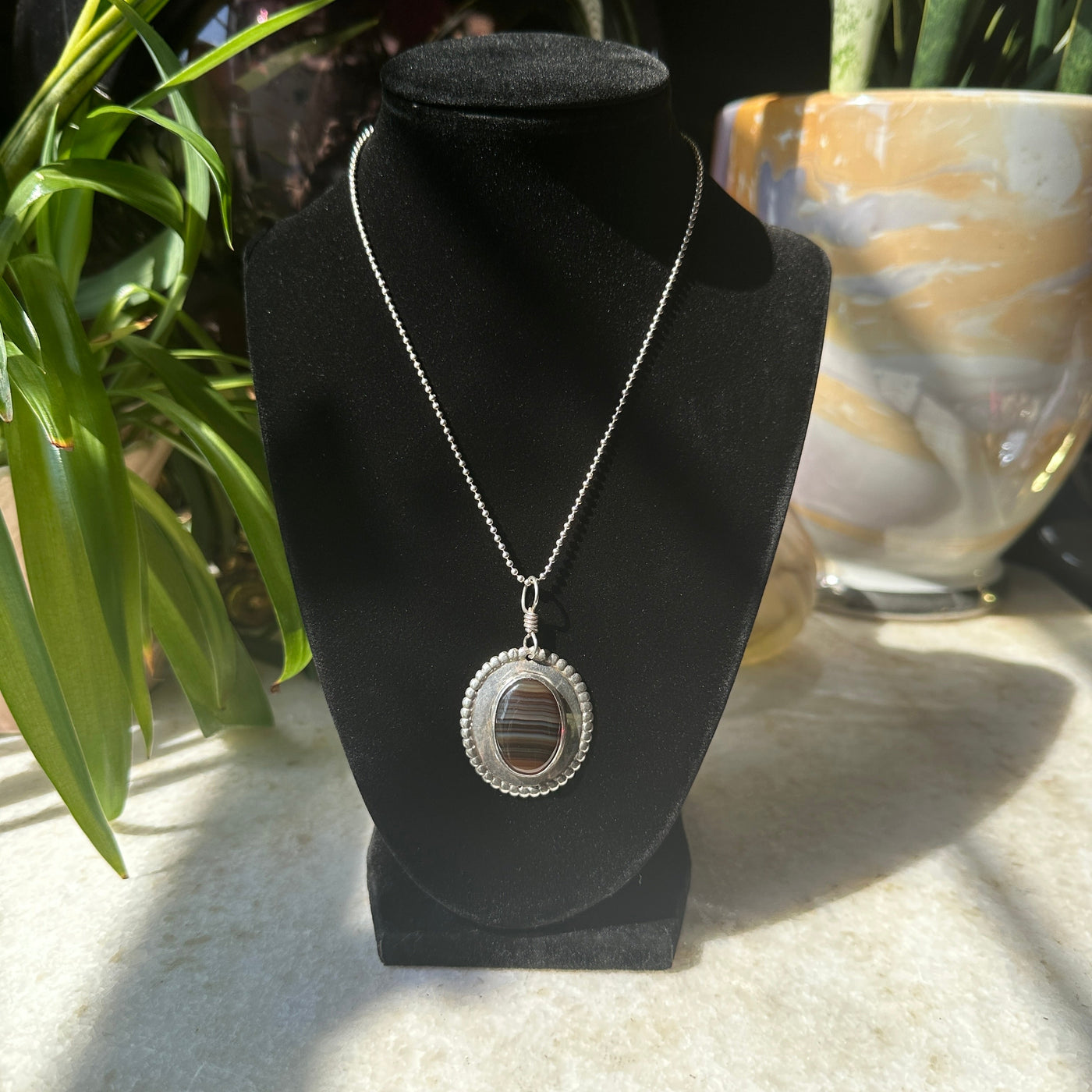 Handmade Sterling Silver and Banded Agate Pendant Necklace