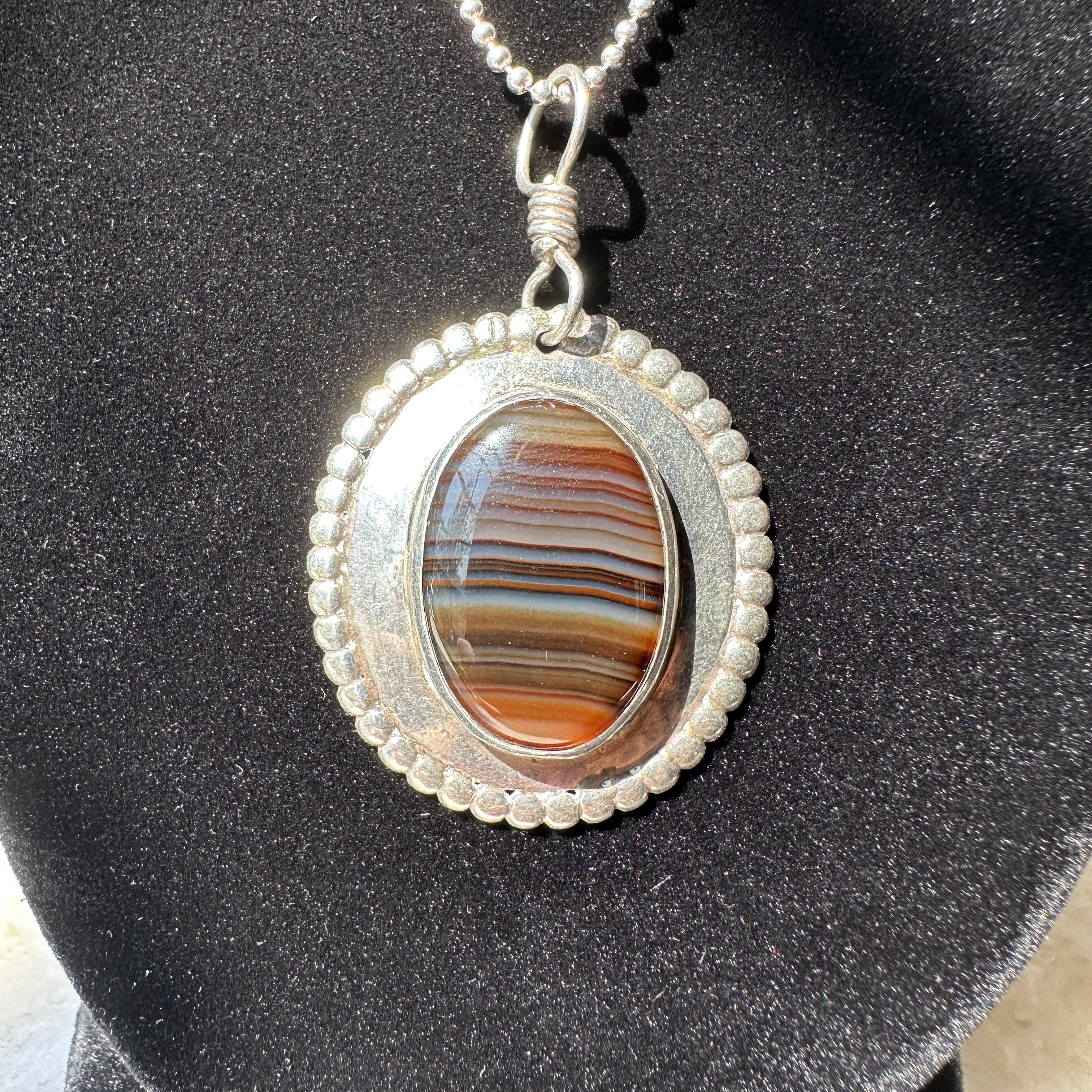 Handmade Sterling Silver and Banded Agate Pendant Necklace