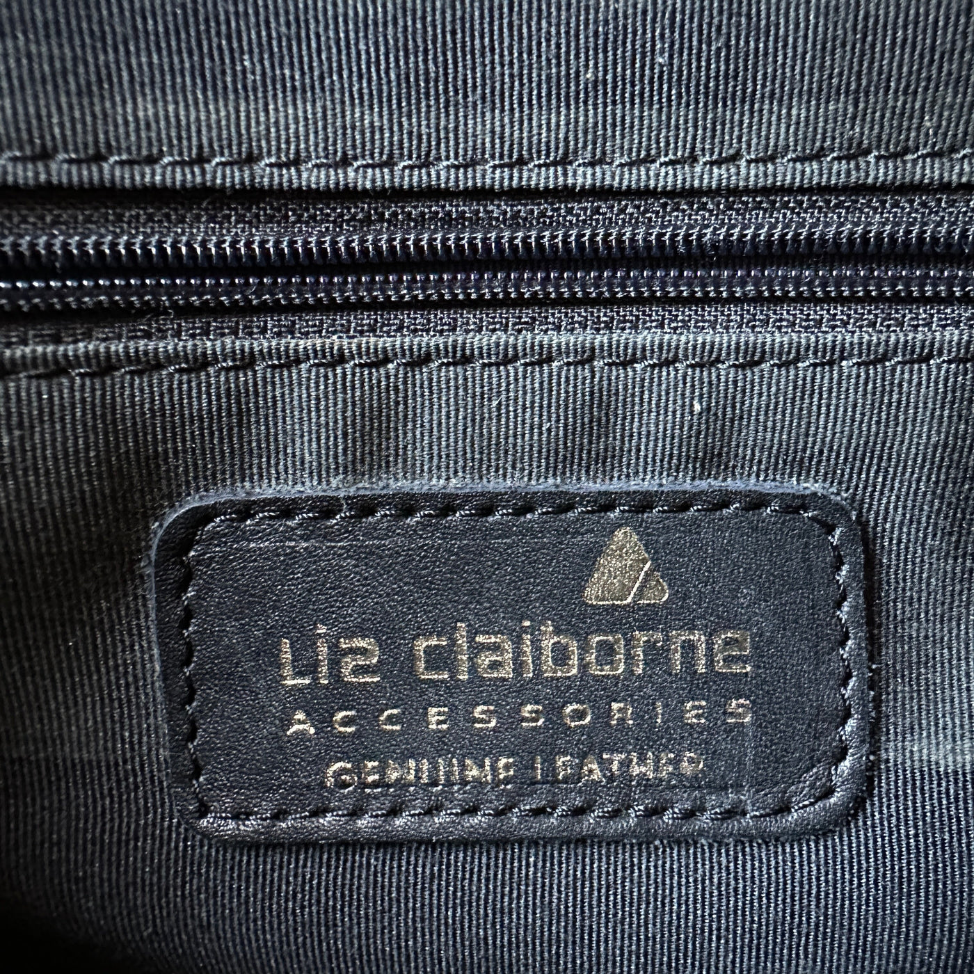 “Liz Claibourne Accessories” Black Genuine Leather Handbag with Gold Fleur Accents