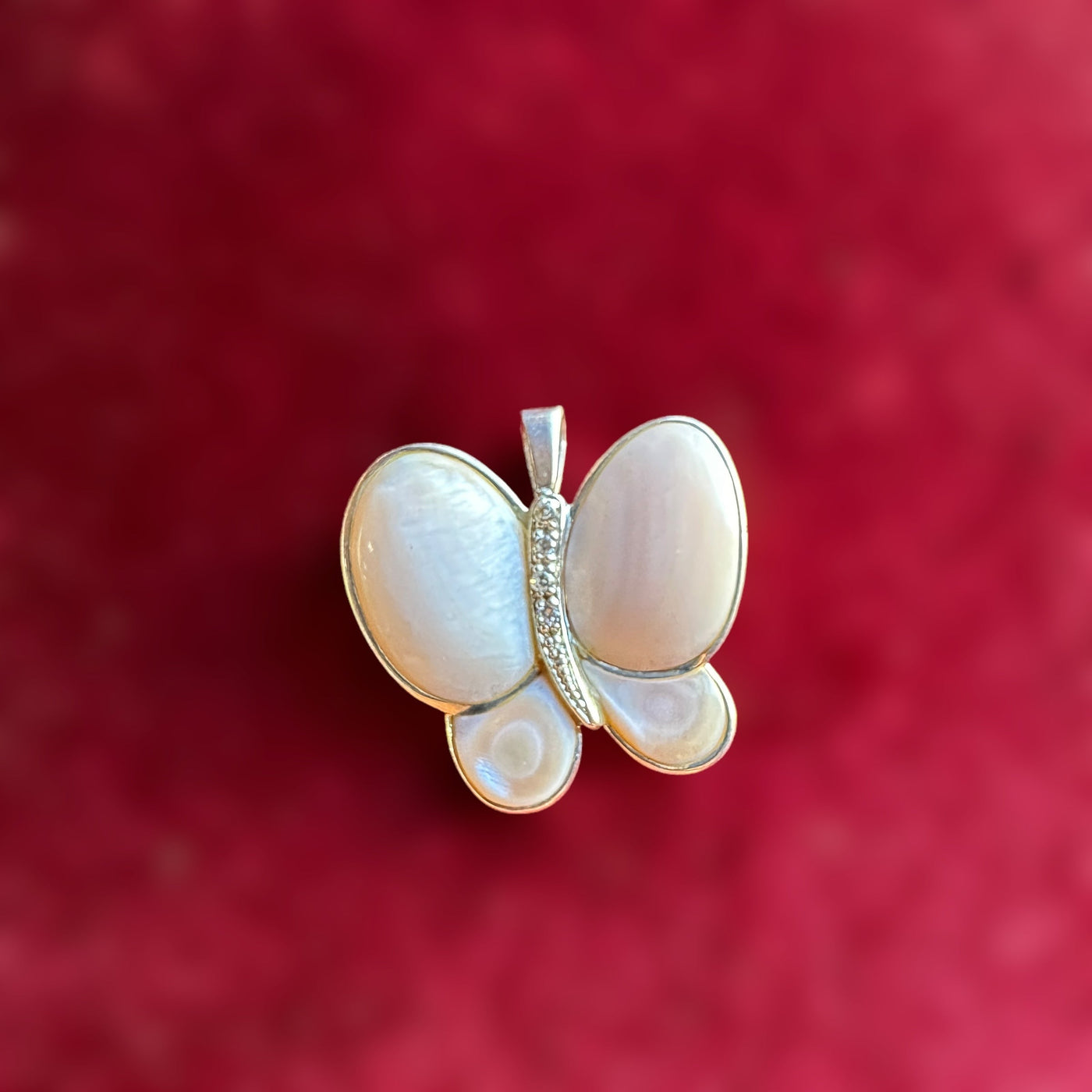 Mother of Pearl and Glass Gem Sterling Silver Butterfly Brooch / Pendant