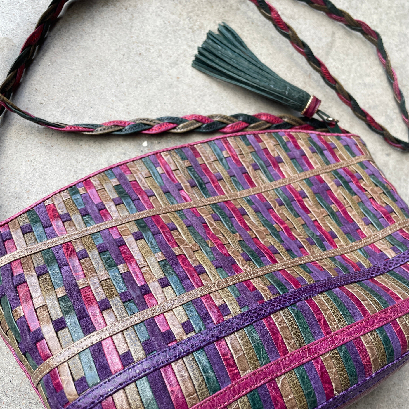 “Sharif” Rainbow Woven Leather Crossbody Purse
