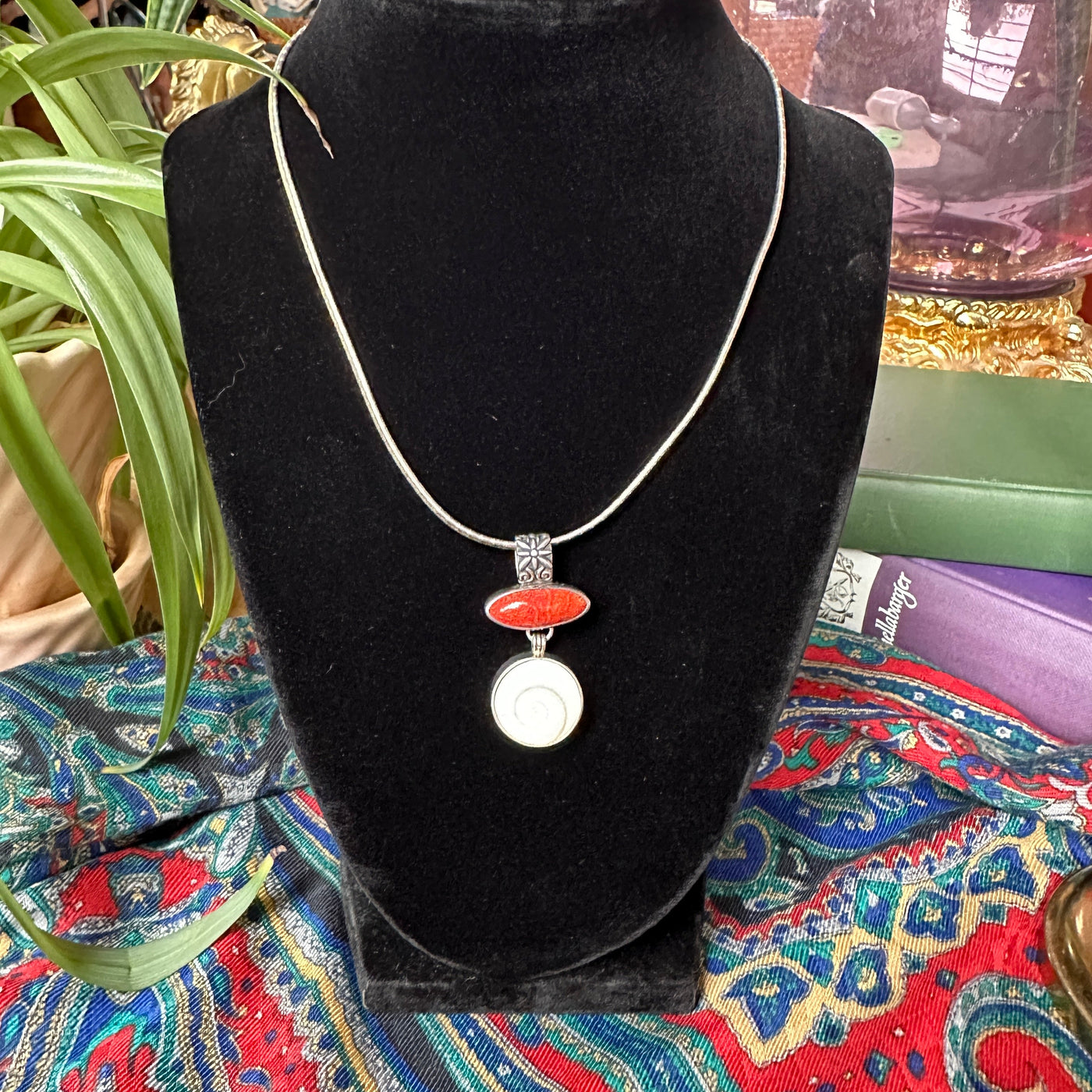 Sterling Red Coral and Shiva Shell Necklace