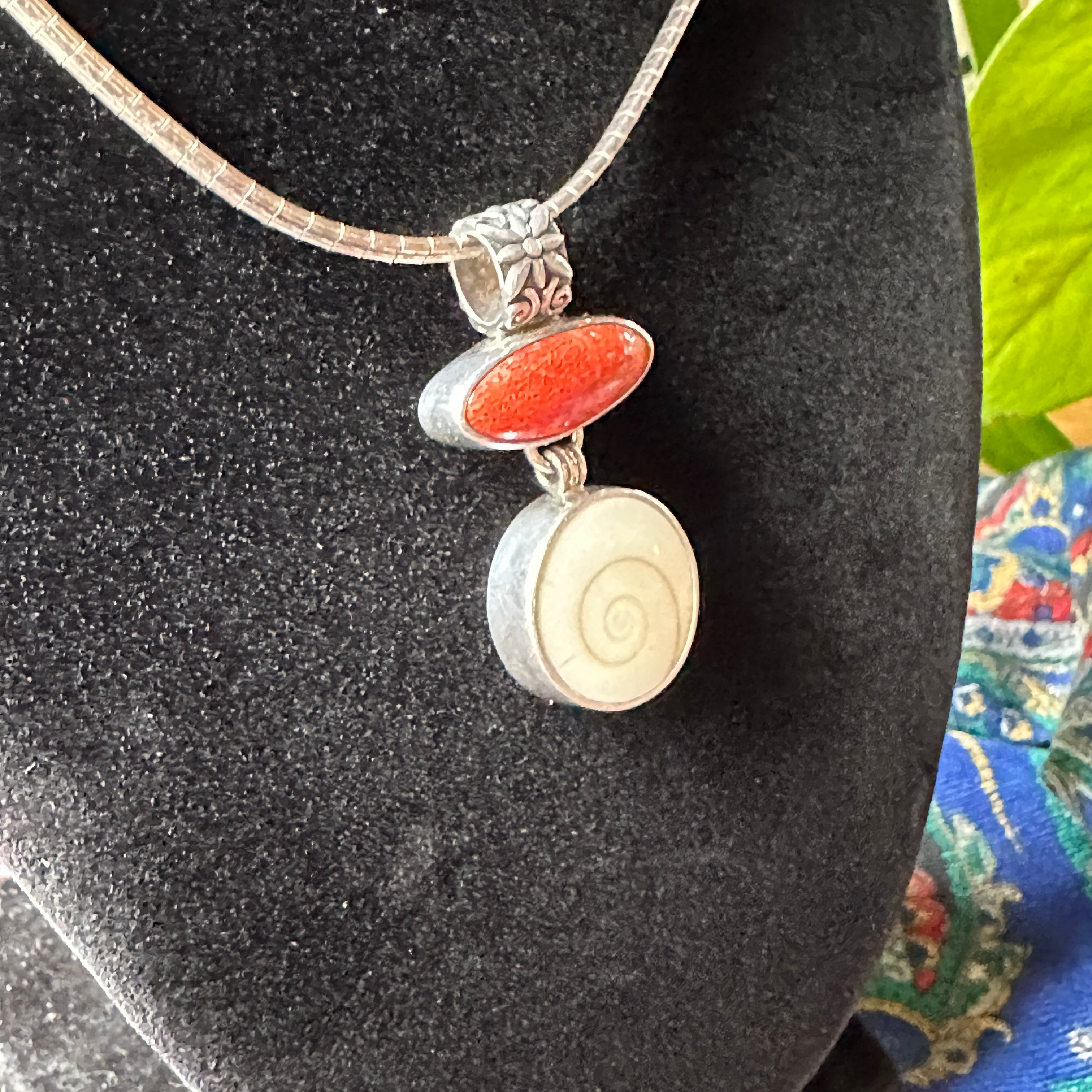 Sterling Red Coral and Shiva Shell Necklace