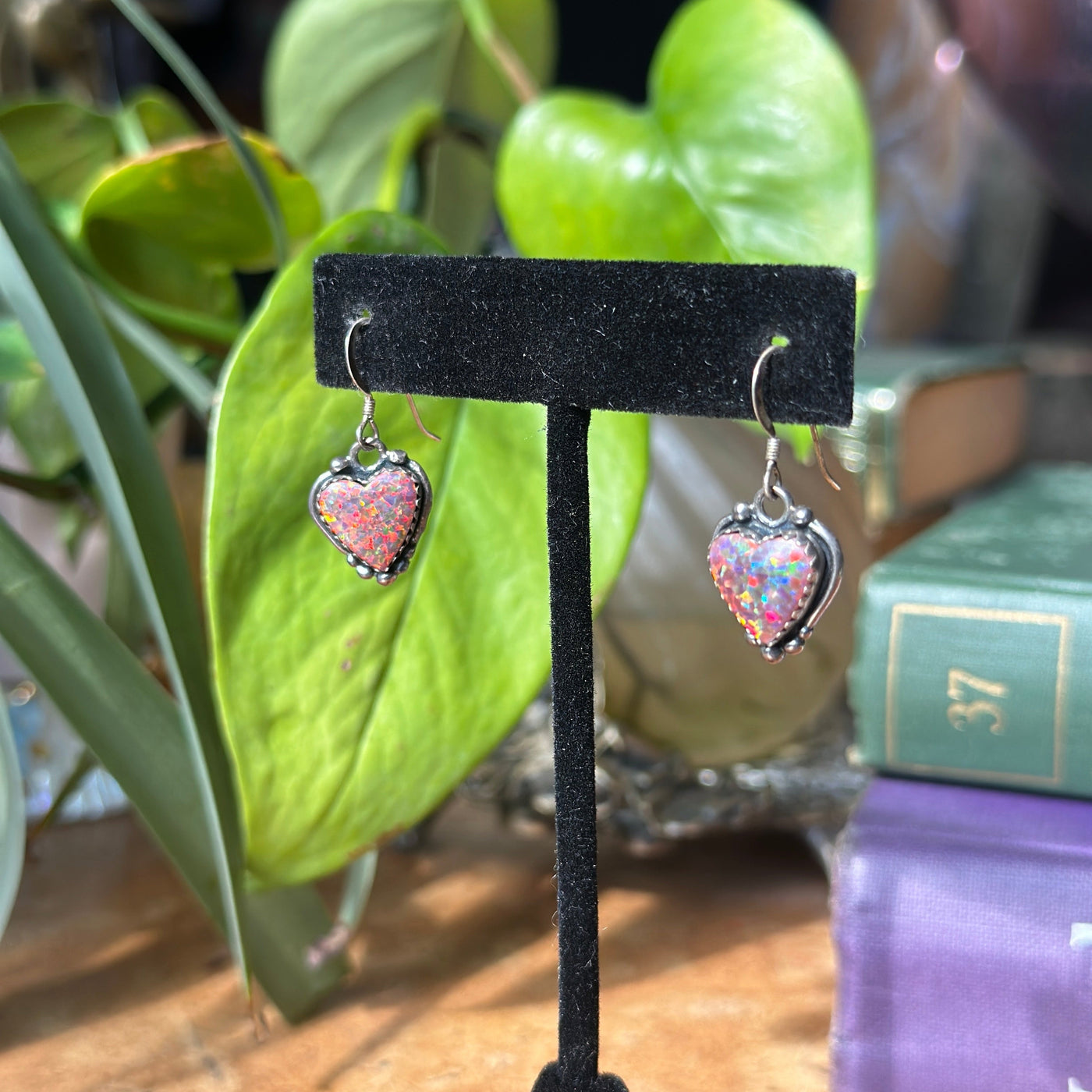 Sterling Silver and Synthetic Fire Opal Heart Earrings