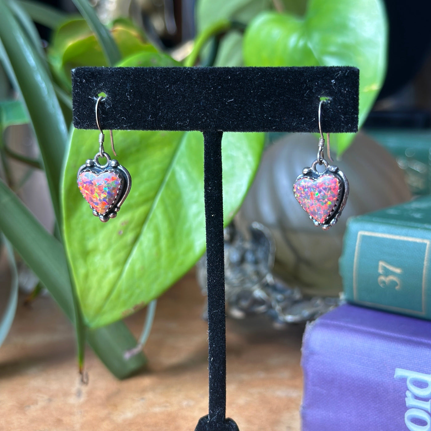 Sterling Silver and Synthetic Fire Opal Heart Earrings