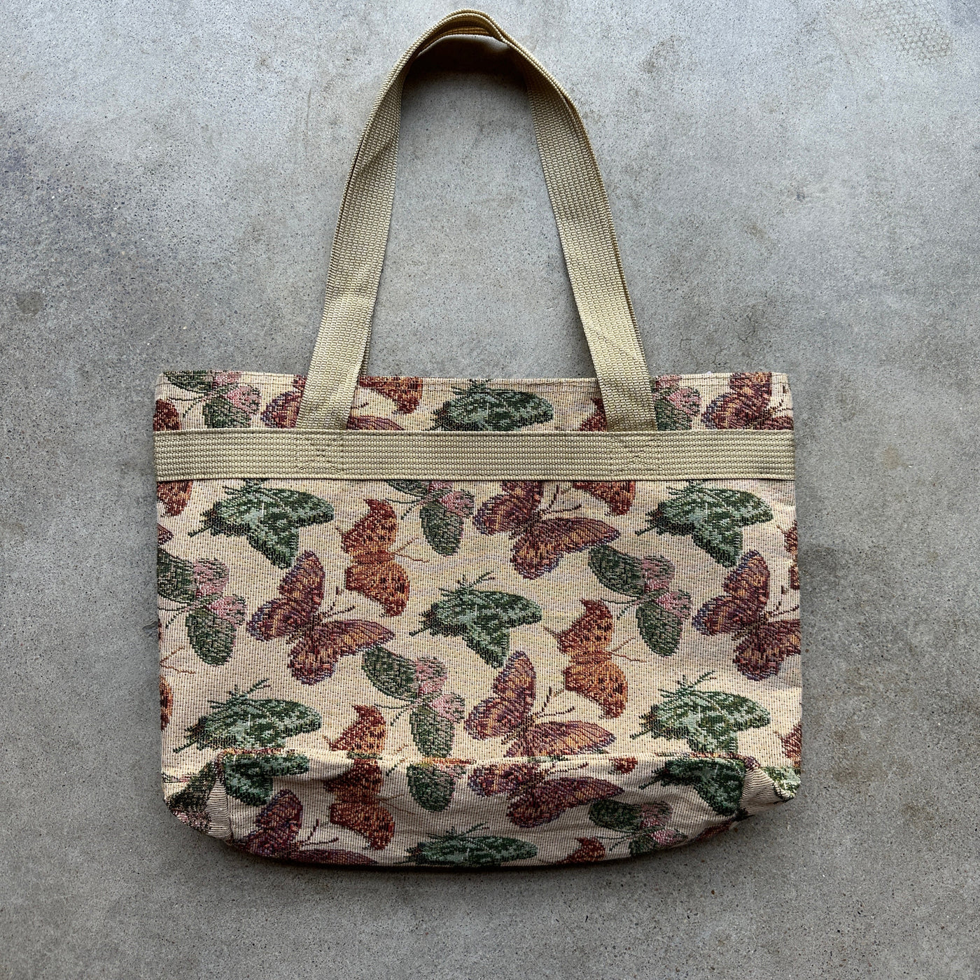 Tan butterfly print large tote bag