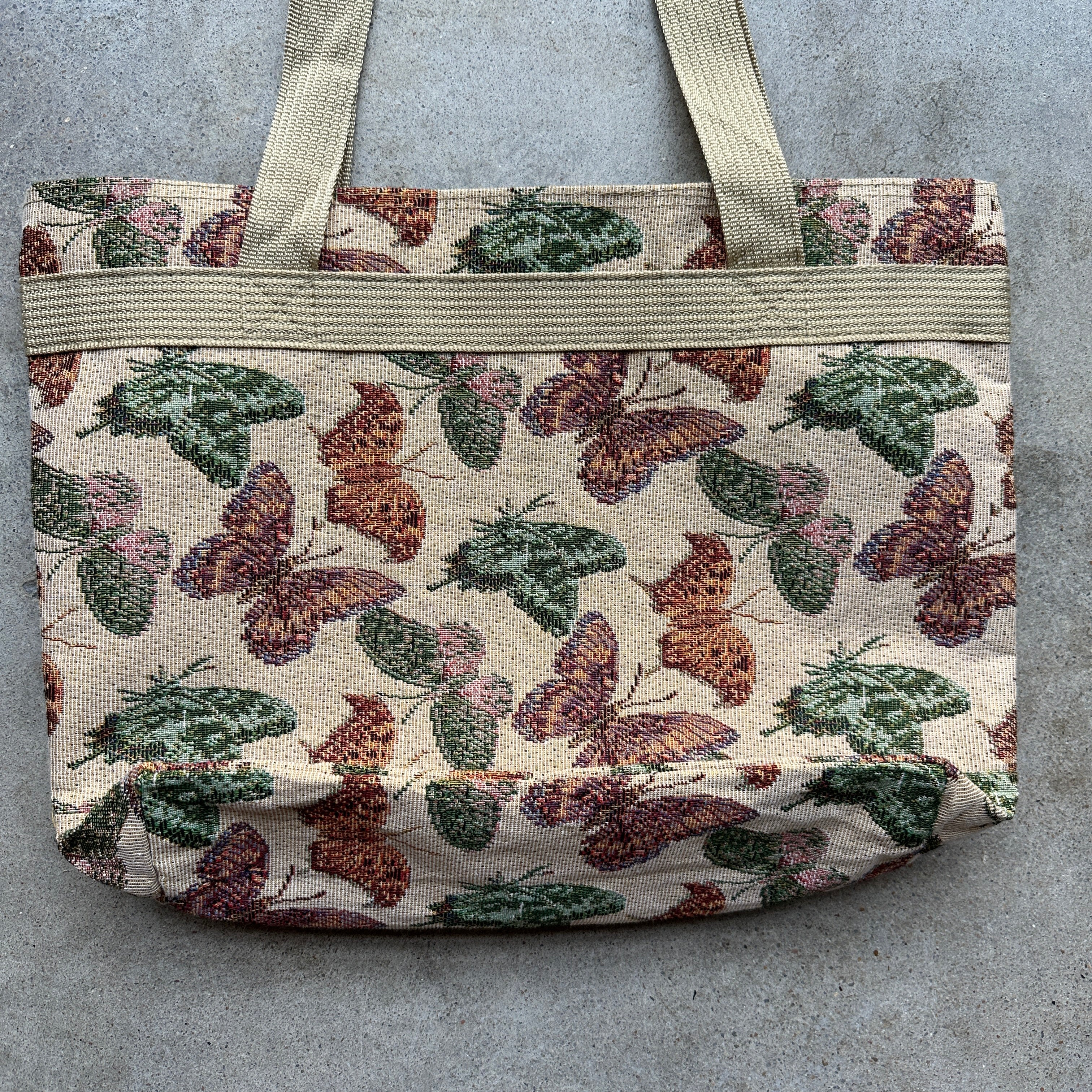Tan butterfly print large tote bag