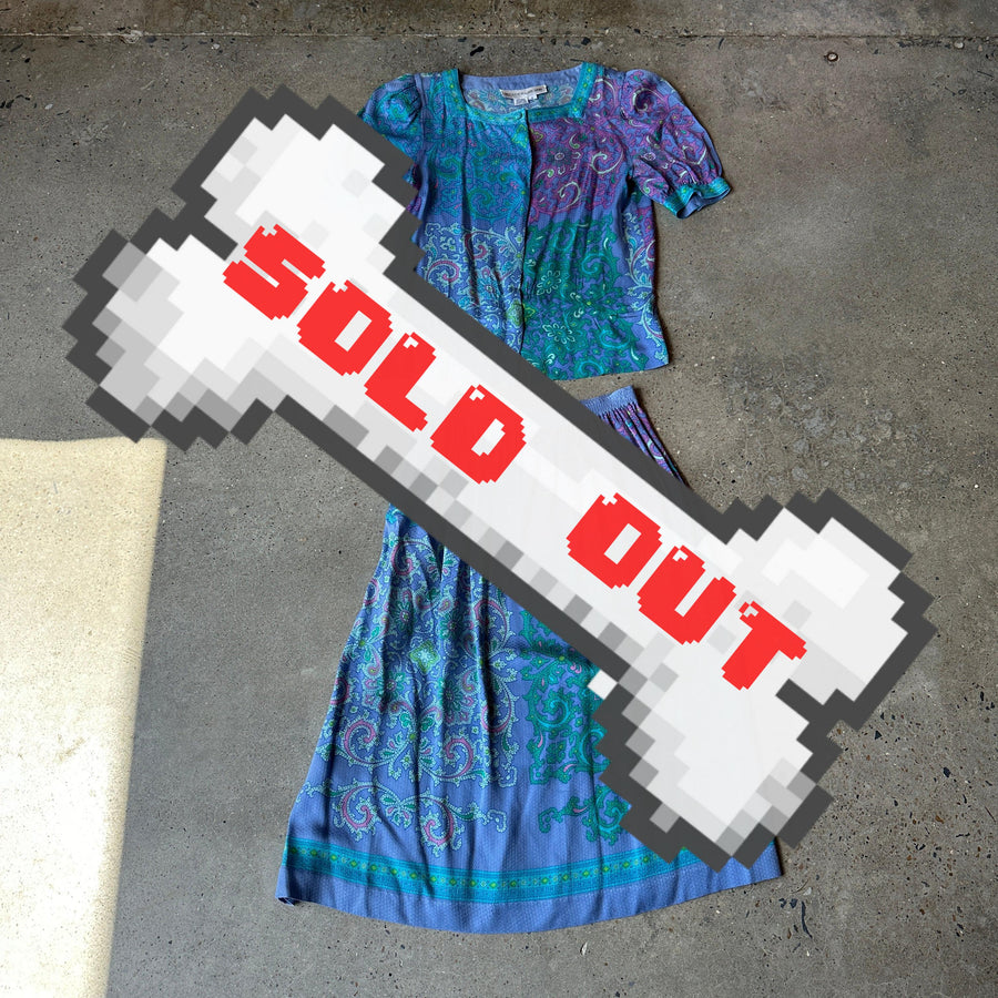 VTG purple and blue silk skirt and top set