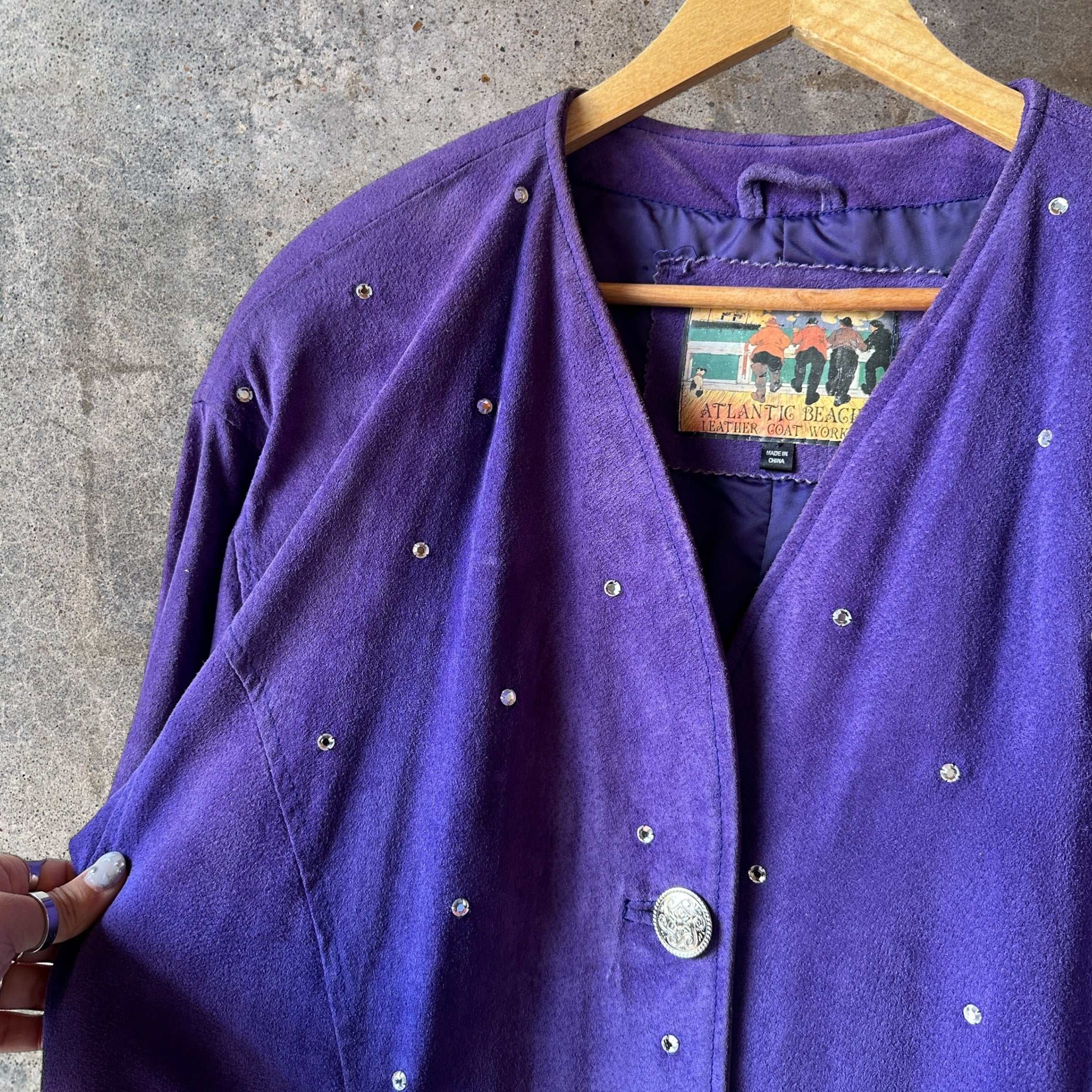 VTG purple leather coat with rhinestones and silver buttons