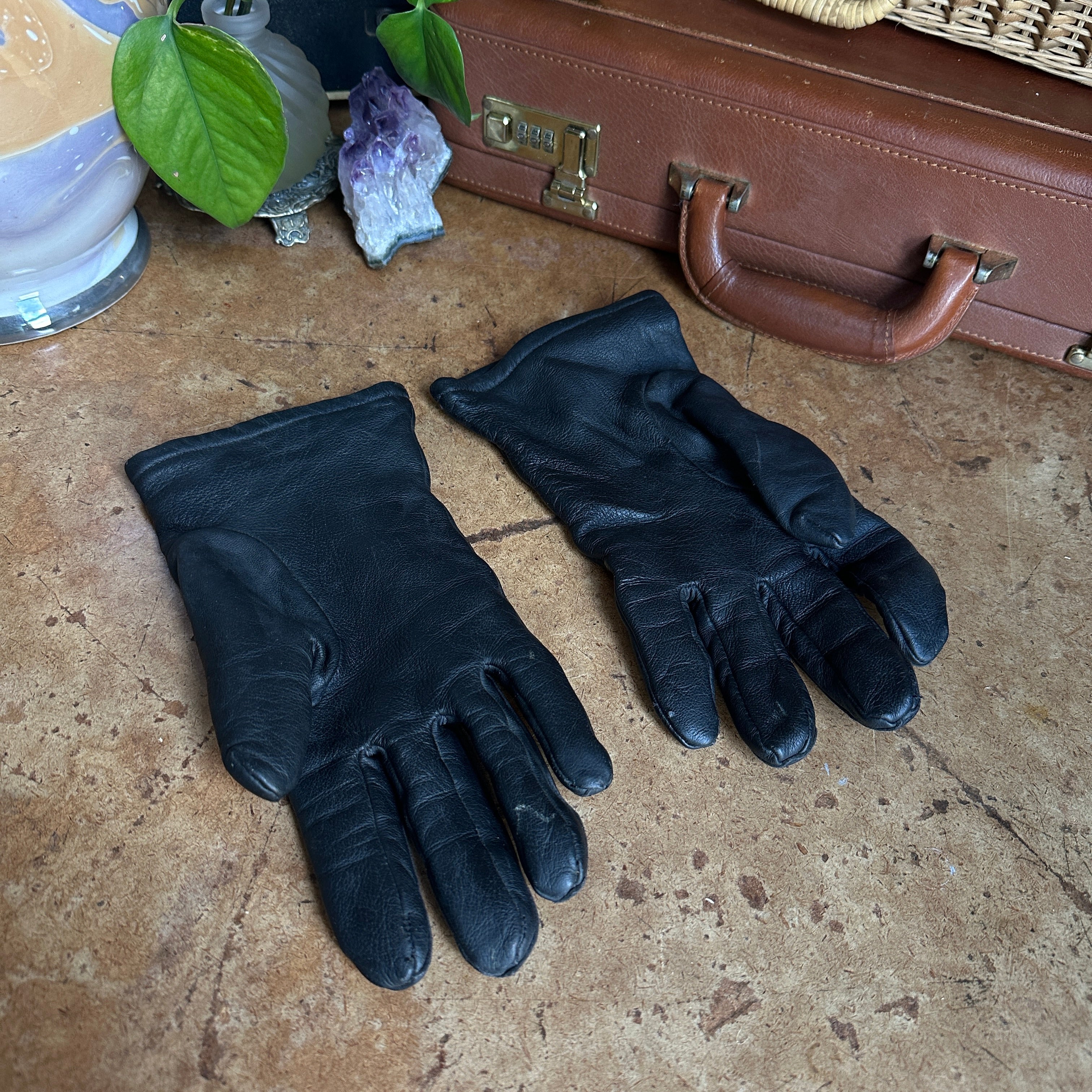 Vintage Black Leather “Damascus Corporation” Wool-Lined Gloves
