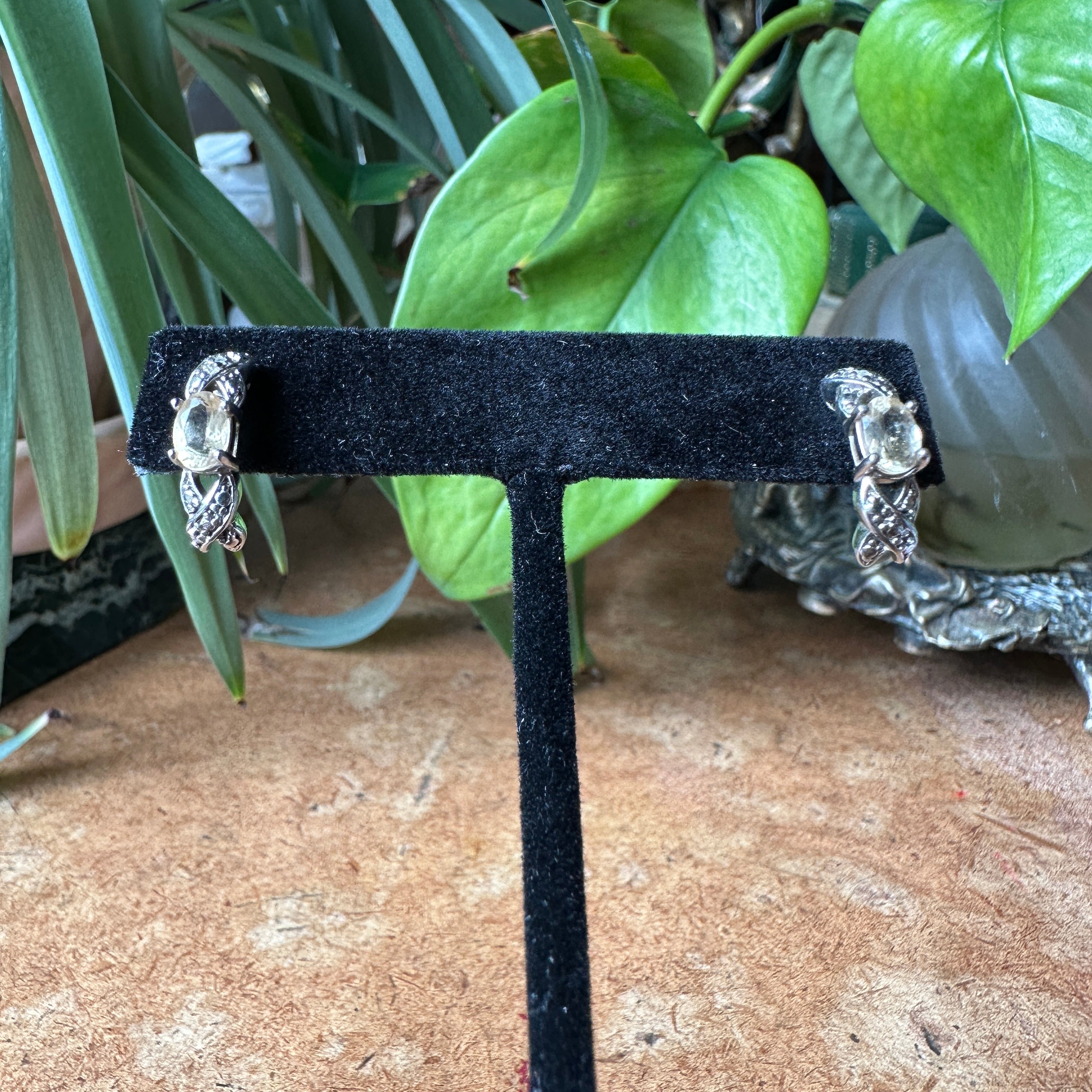 Vintage Oval Cut Citrine and Diamond Sterling Silver Hoop Earrings