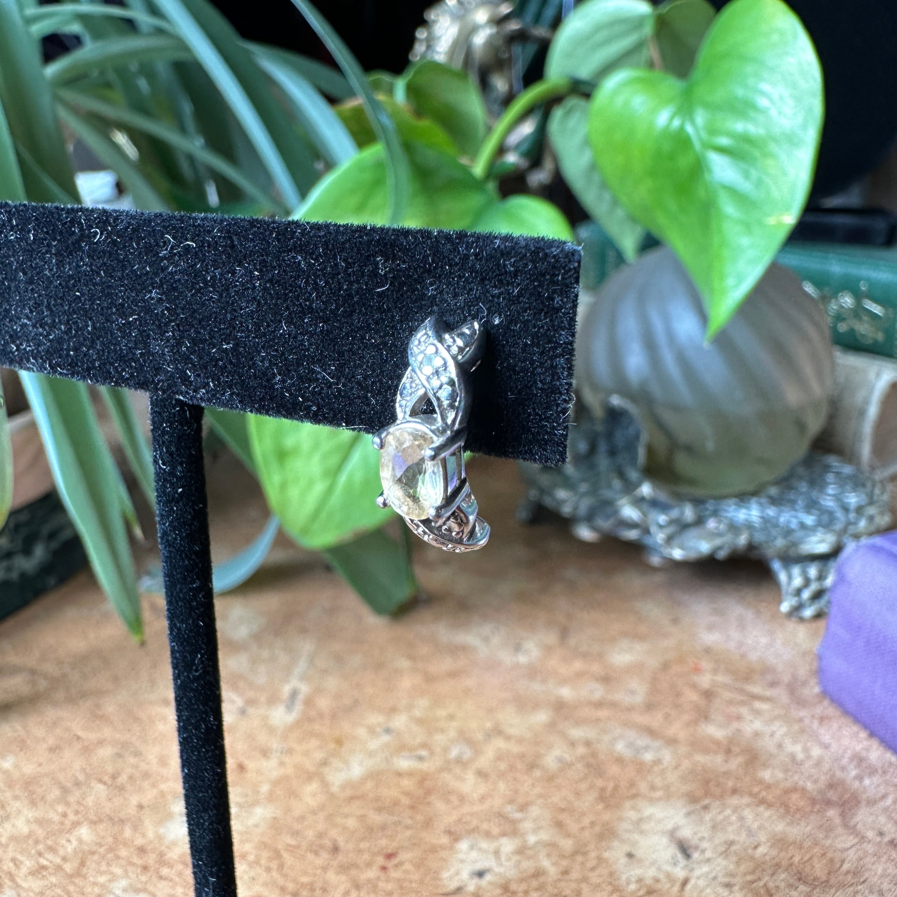Vintage Oval Cut Citrine and Diamond Sterling Silver Hoop Earrings