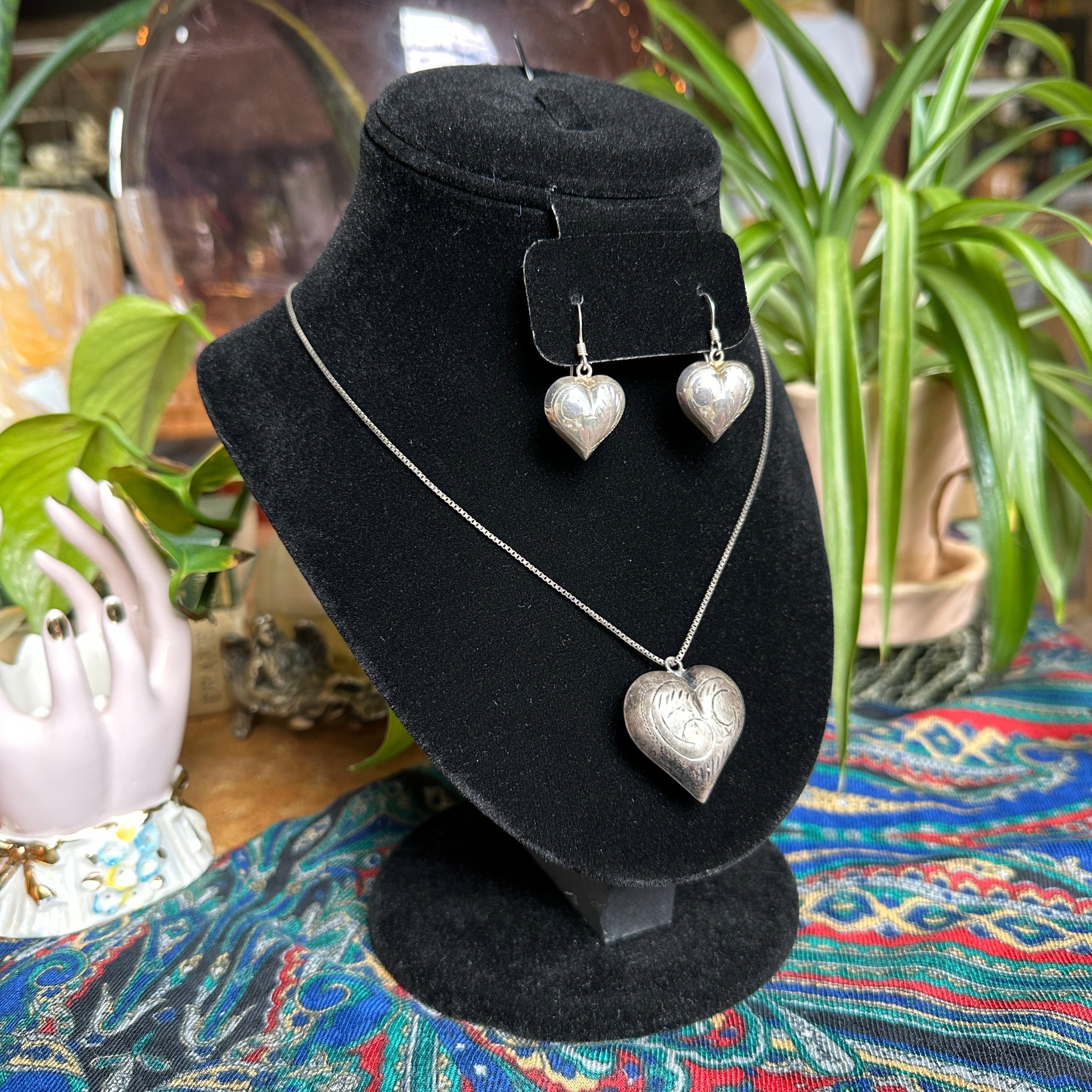 Vintage Sterling Heart Earrings and Necklace