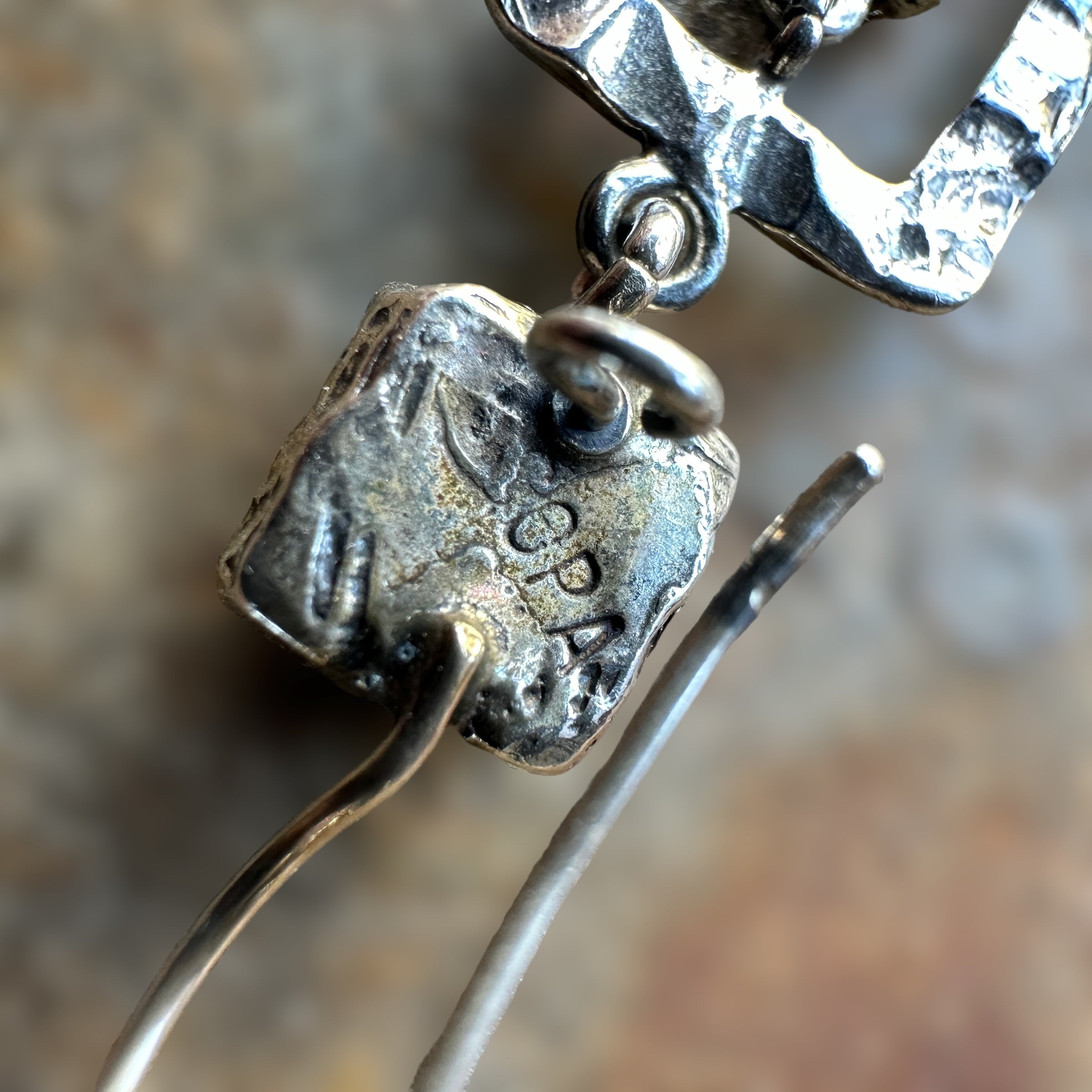 Vintage handcrafted roman glass dangle earrings in sterling silver