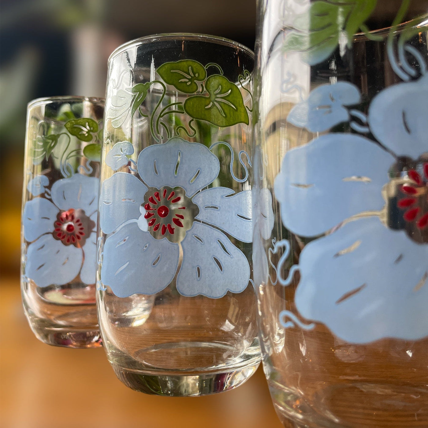 Vintage set of 3 glass tumblers with blue poppies