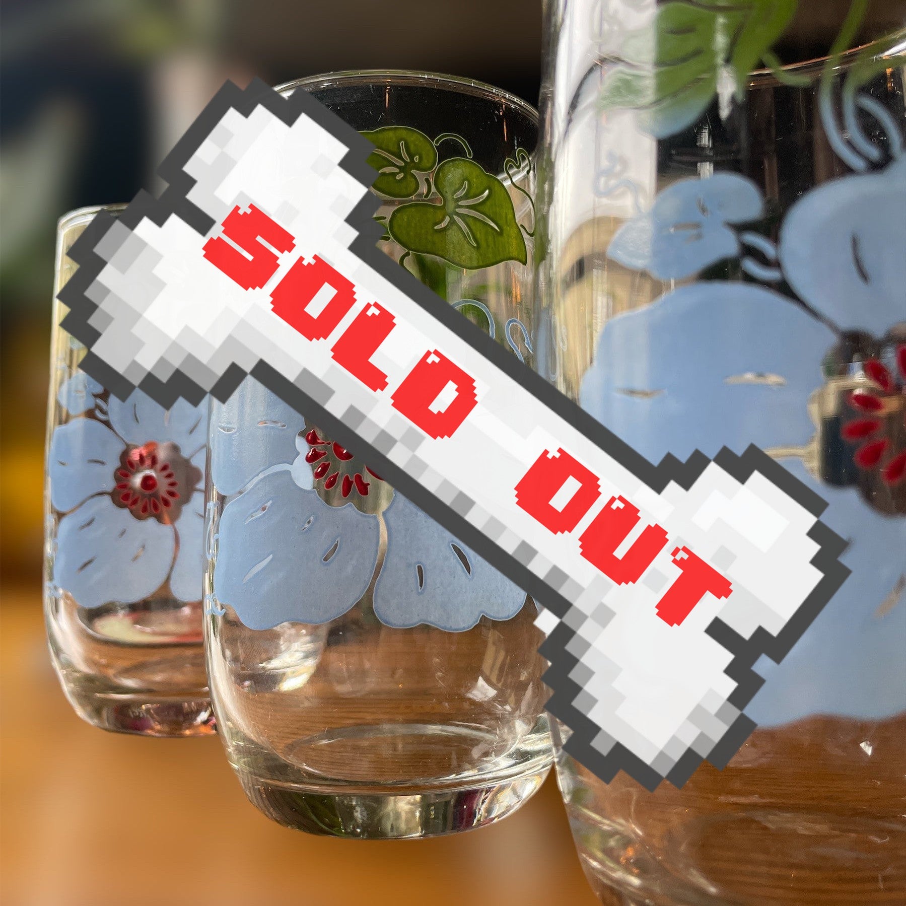 Vintage set of 3 glass tumblers with blue poppies