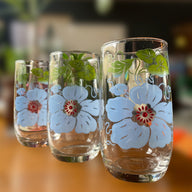 Vintage set of 3 glass tumblers with blue poppies