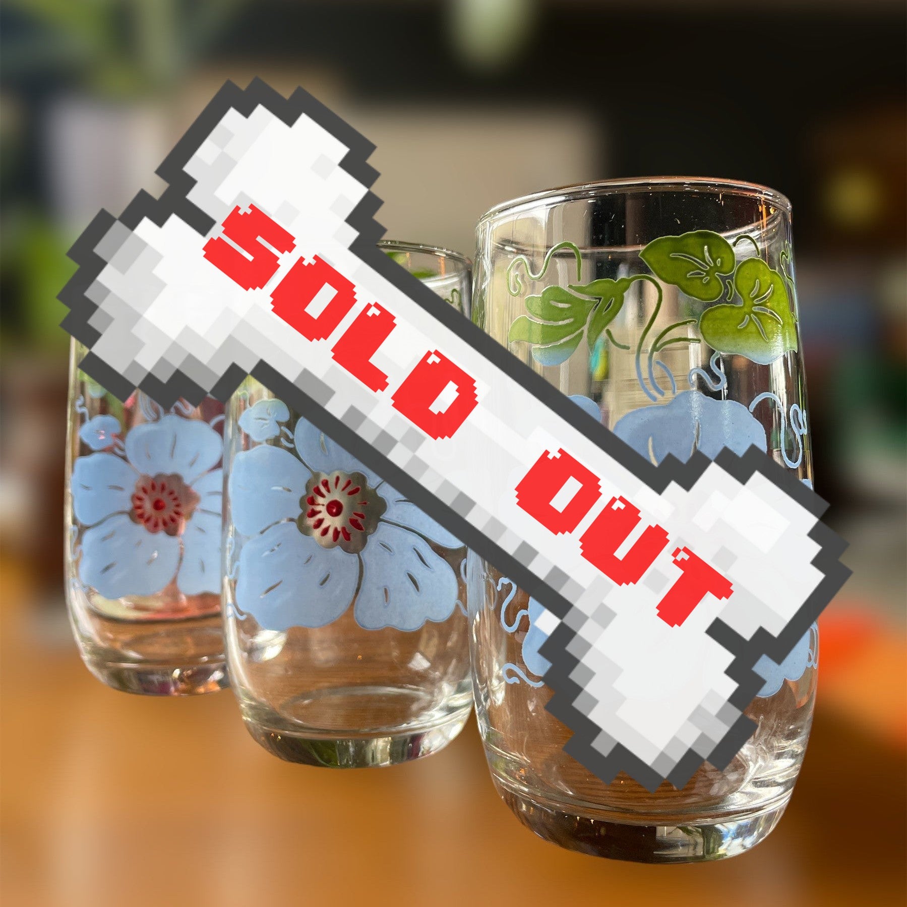 Vintage set of 3 glass tumblers with blue poppies