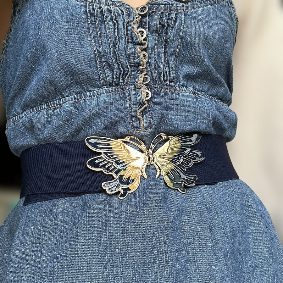 blue elastic belt vintage with enamel butterfly buckle