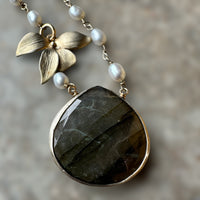 vintage 14 karat gold-filled necklace with freshwater pearls and labradorite pendant
