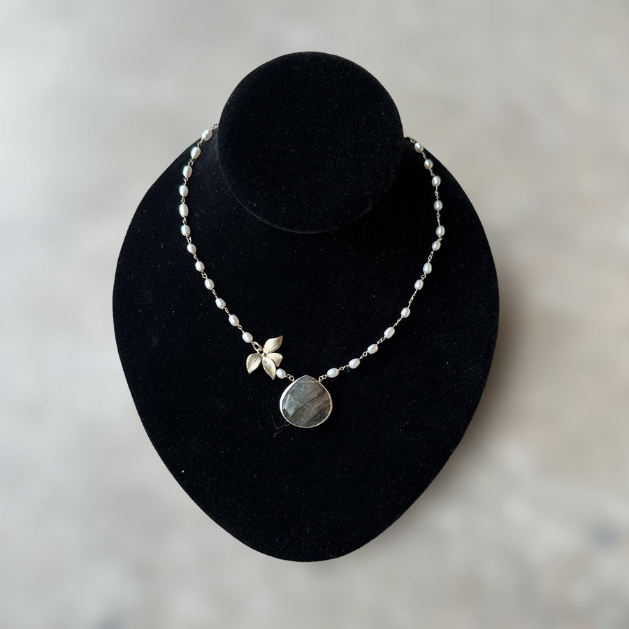 vintage 14 karat gold-filled necklace with freshwater pearls and labradorite pendant