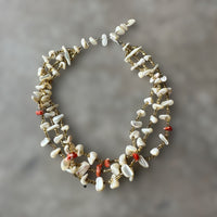 vintage 3 strand tumbled and polished shell necklace with red sponge coral and yellow beads