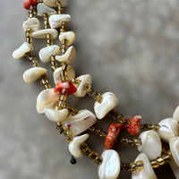 vintage 3 strand tumbled and polished shell necklace with red sponge coral and yellow beads
