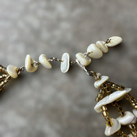vintage 3 strand tumbled and polished shell necklace with red sponge coral and yellow beads