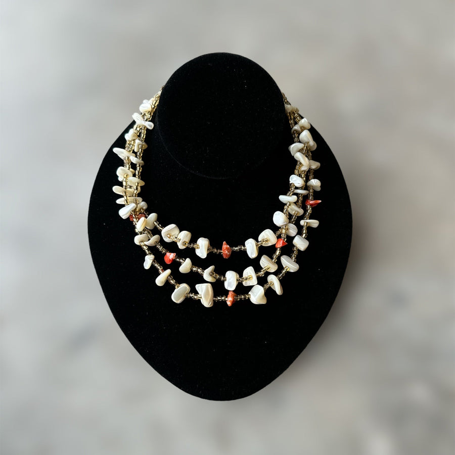vintage 3 strand tumbled and polished shell necklace with red sponge coral and yellow beads