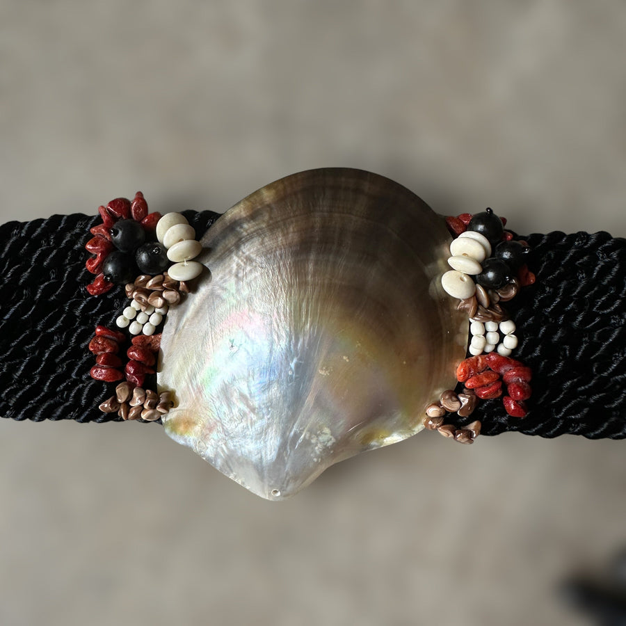 vintage Black rope belt with mother of pearl shell, red sponge coral, shell
