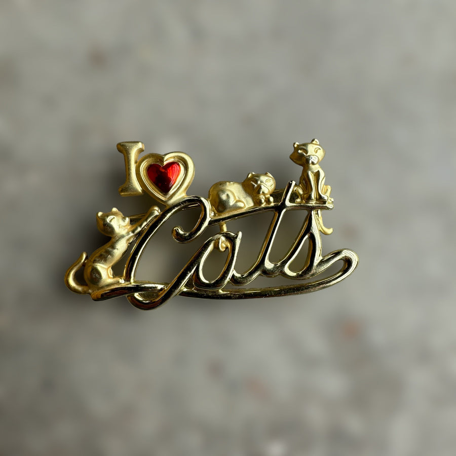 vintage "I heart cats / I love cats" gold-tone brooch