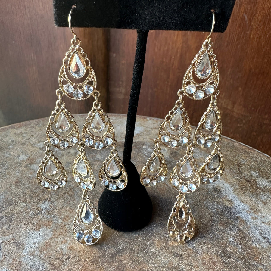 vintage chandelier earrings gold-tone with rhinestones